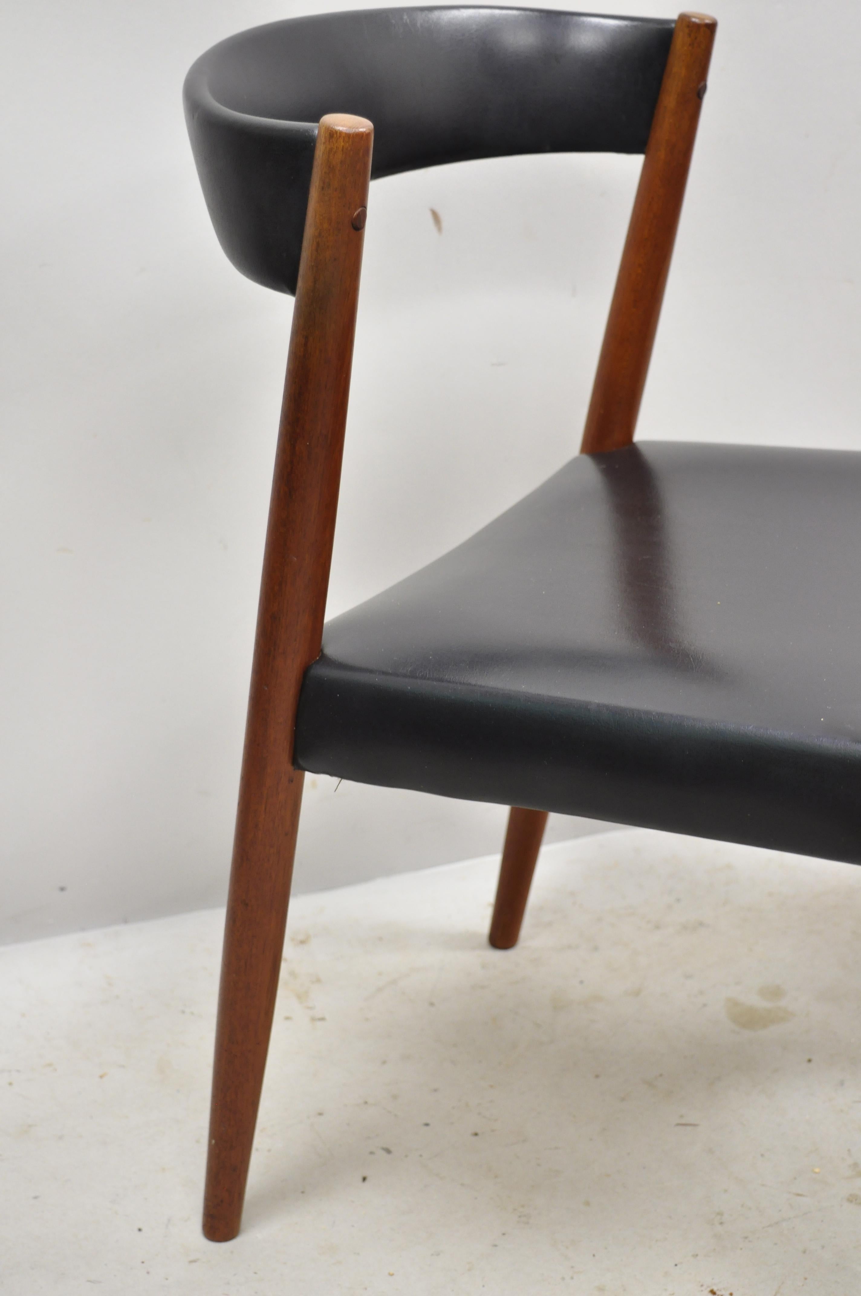Midcentury Danish Teak Barrel Back Curved Black Vinyl Dining Side Chairs, Pair 4