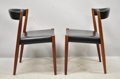 Midcentury Danish Teak Barrel Back Curved Black Vinyl Dining Side Chairs, Pair