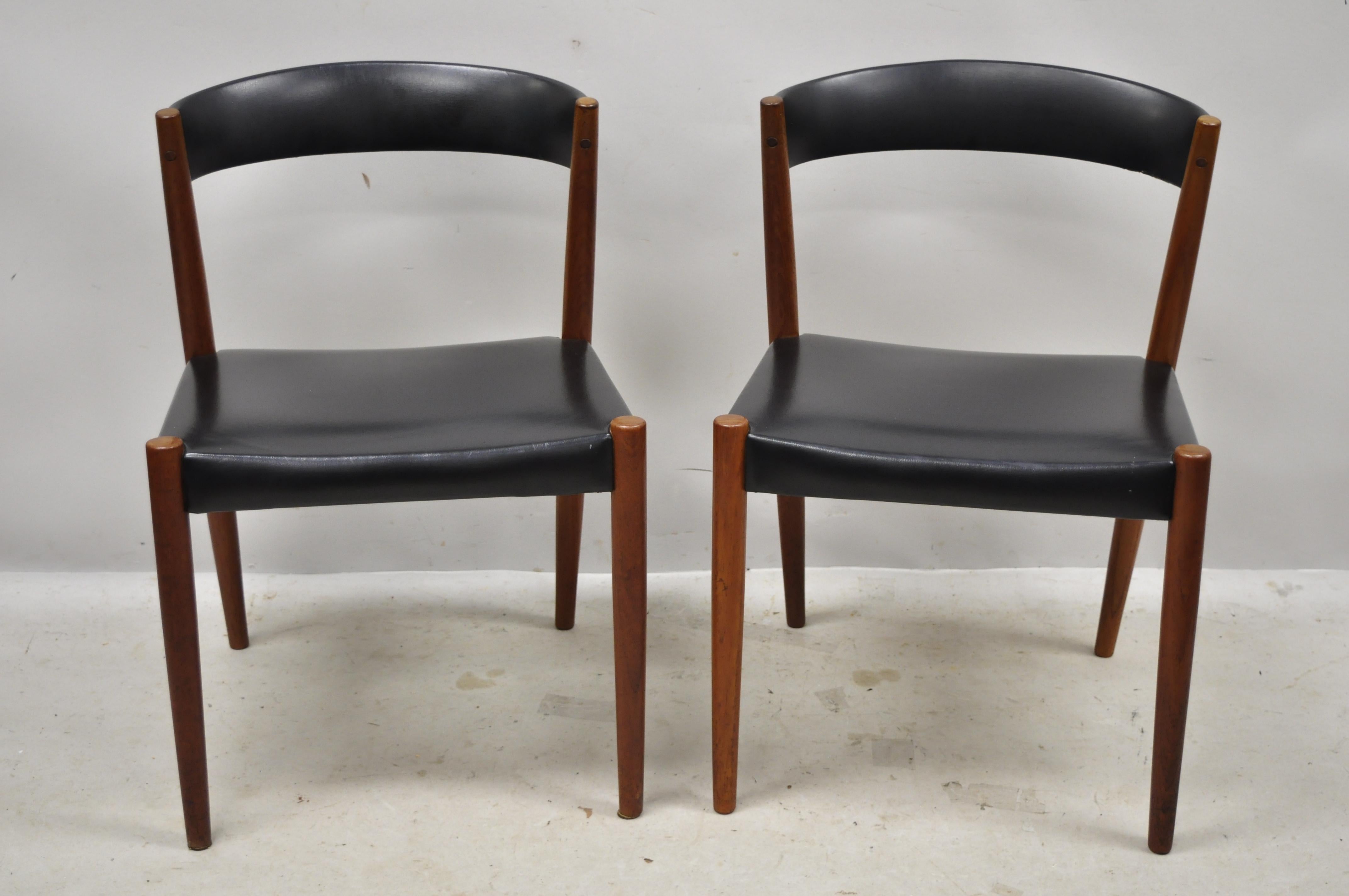 Mid-Century Modern Midcentury Danish Teak Barrel Back Curved Black Vinyl Dining Side Chairs, Pair