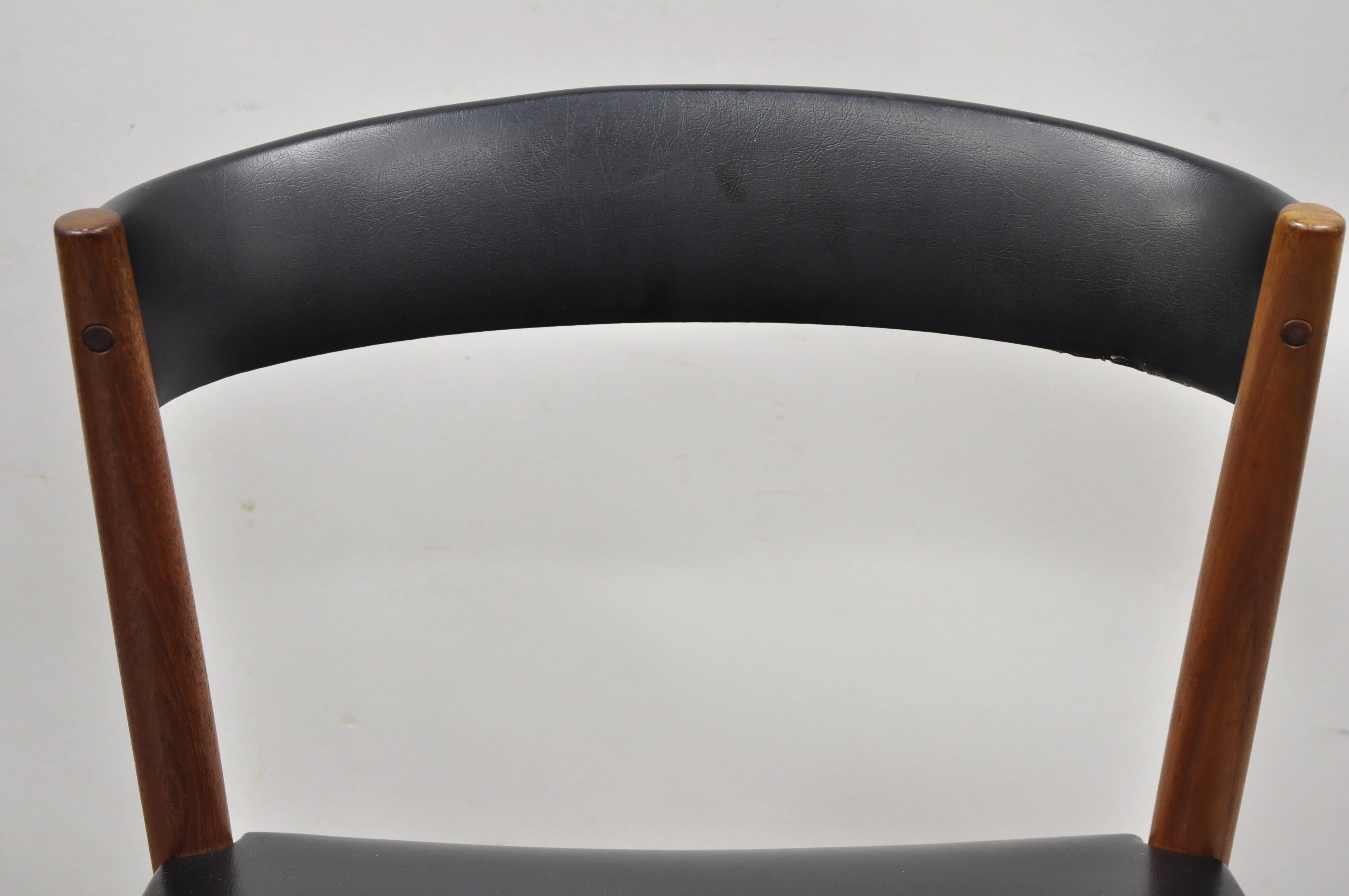 20th Century Midcentury Danish Teak Barrel Back Curved Black Vinyl Dining Side Chairs, Pair