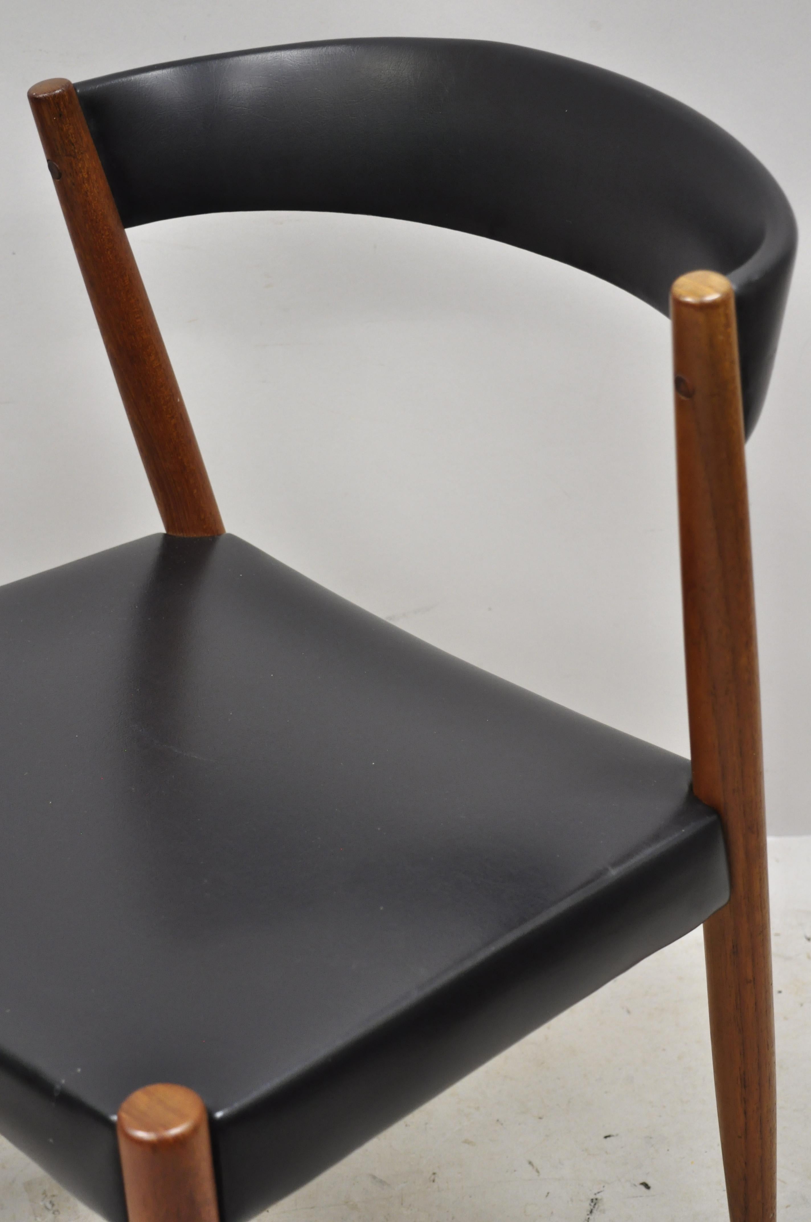 Naugahyde Midcentury Danish Teak Barrel Back Curved Black Vinyl Dining Side Chairs, Pair