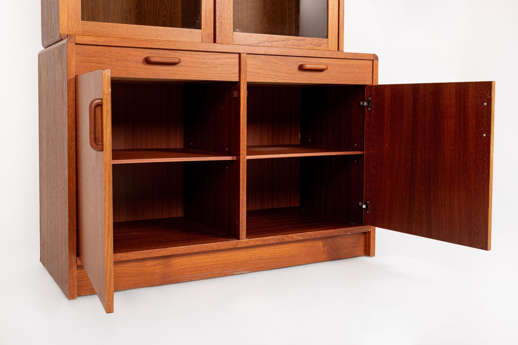 Brass Mid Century Danish Teak Bookcase Wall Unit or China Cabinet