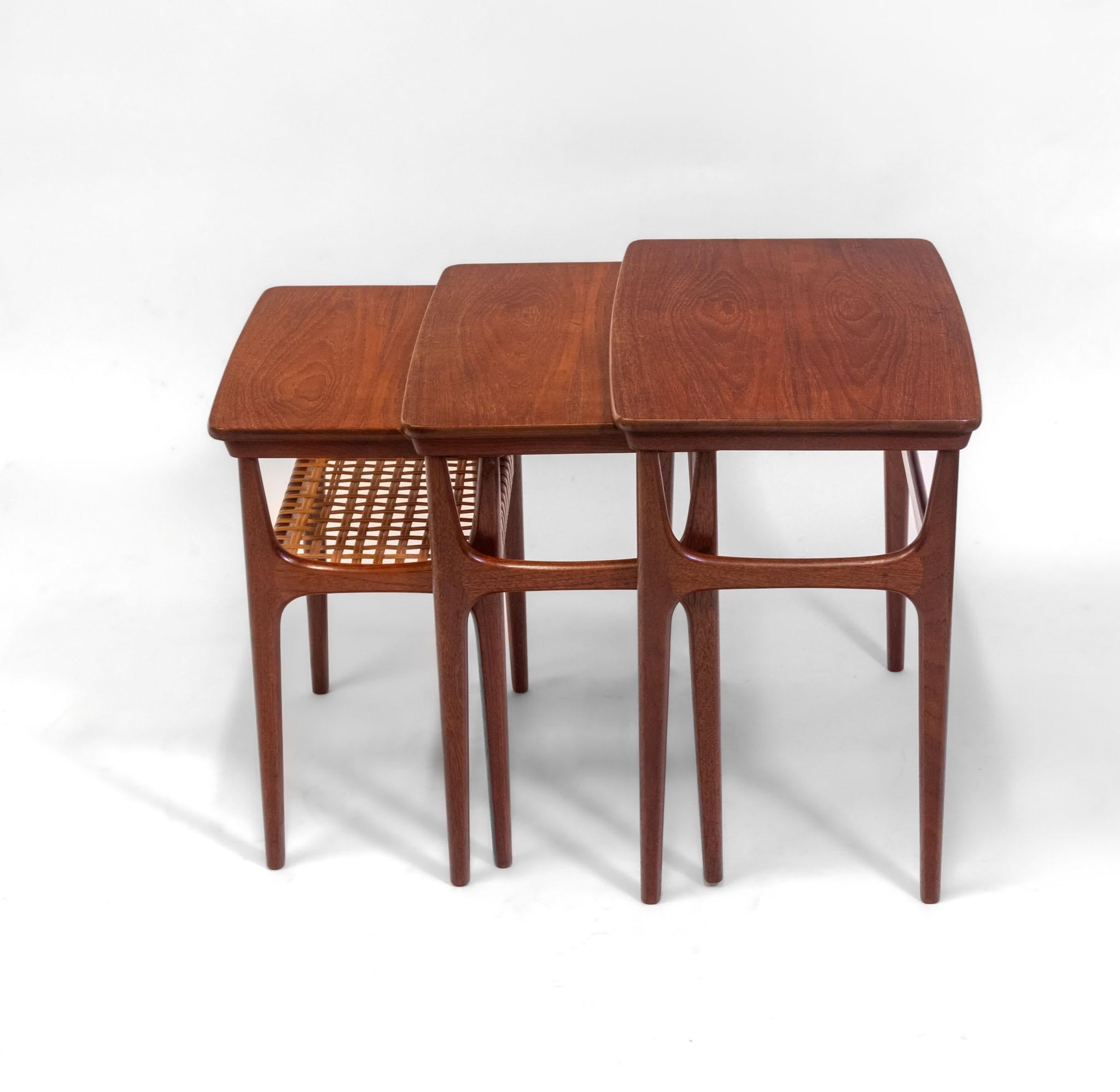 Hand-Crafted Mid Century Danish Teak & Cane Nesting Tables By H M Møbler For Sale