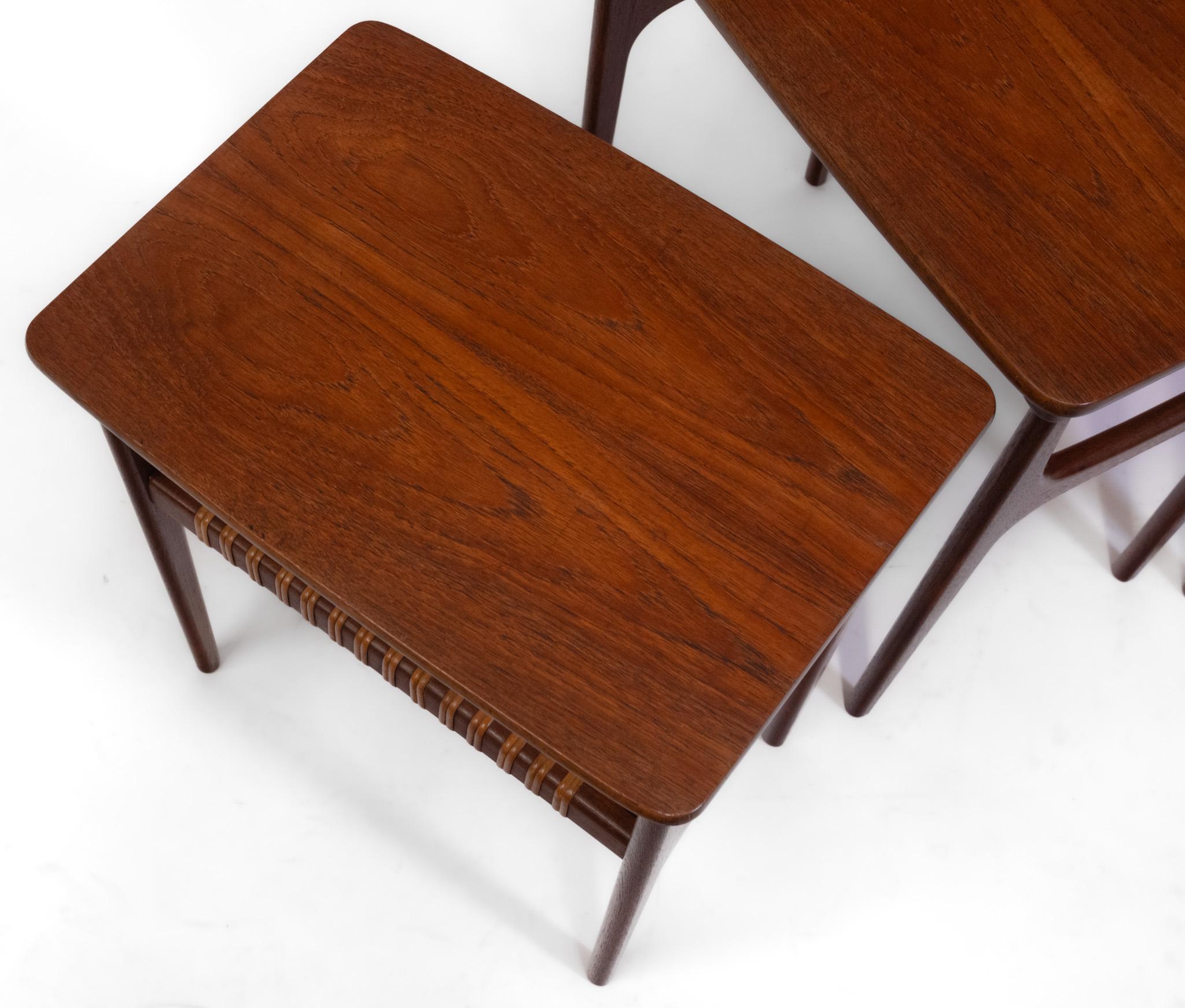 Mid Century Danish Teak & Cane Nesting Tables By H M Møbler In Good Condition For Sale In Norwich, GB