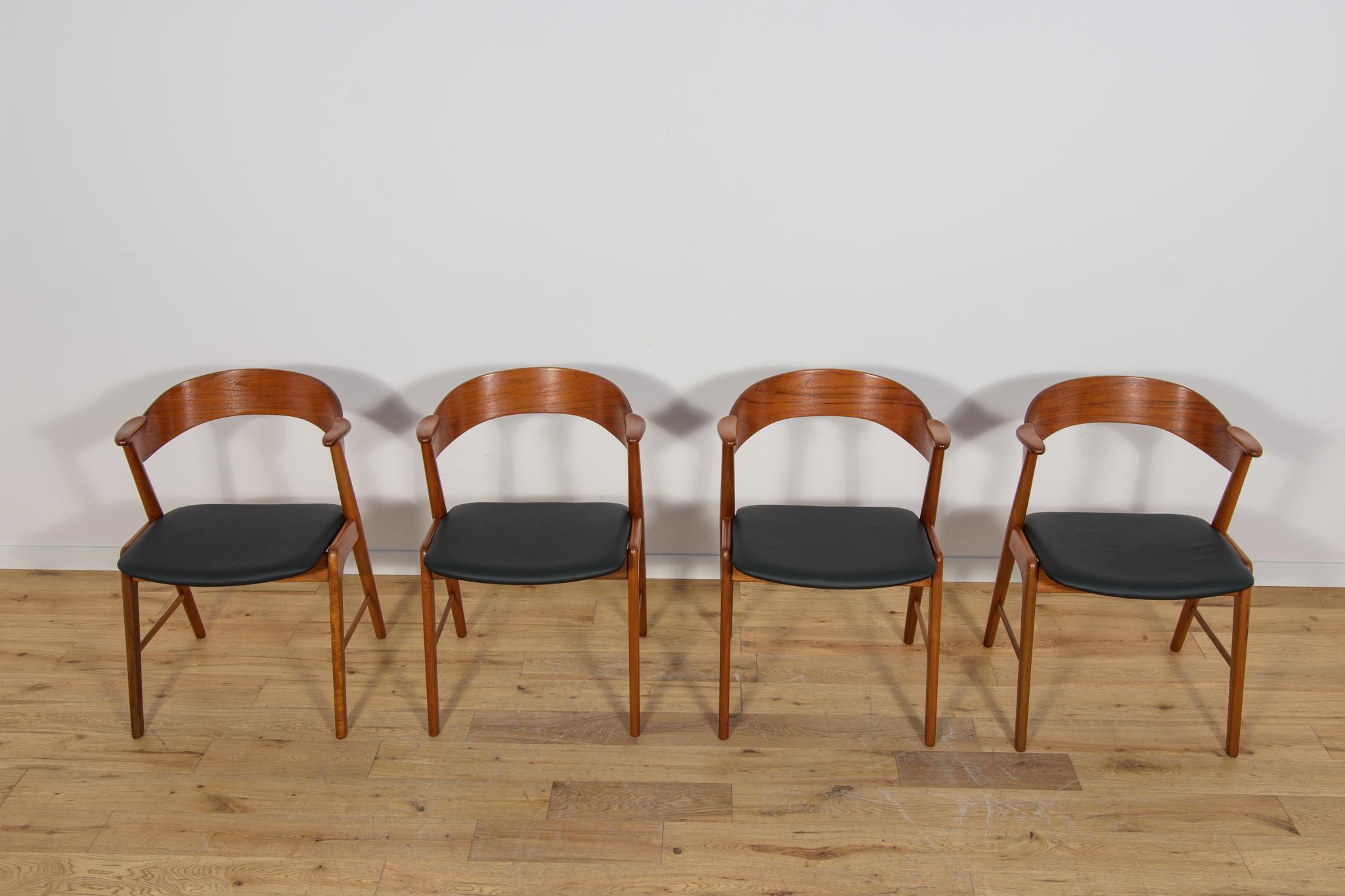 Set of four dining chairs produced by Korup Stolefabrik in the Denmark circa 1960. Elegant chairs with an interesting form. The wood teak has been cleaned from the old surface and finished with Danish Oil. Upholstery interiors replaced. Convered