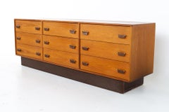 Mid Century Danish Teak, Chrome, and Leather 9 Drawer Lowboy Dresser