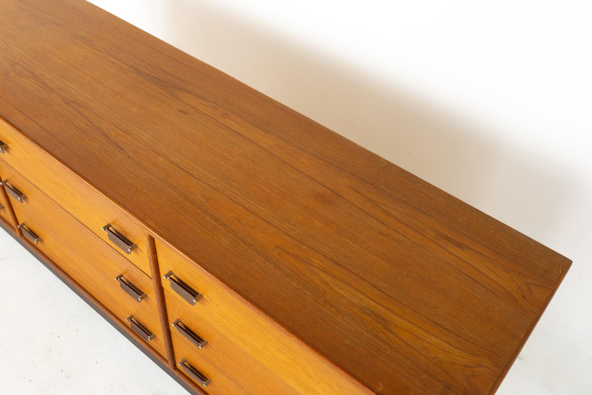 Mid-Century Modern Mid Century Danish Teak, Chrome, and Leather 9 Drawer Lowboy Dresser