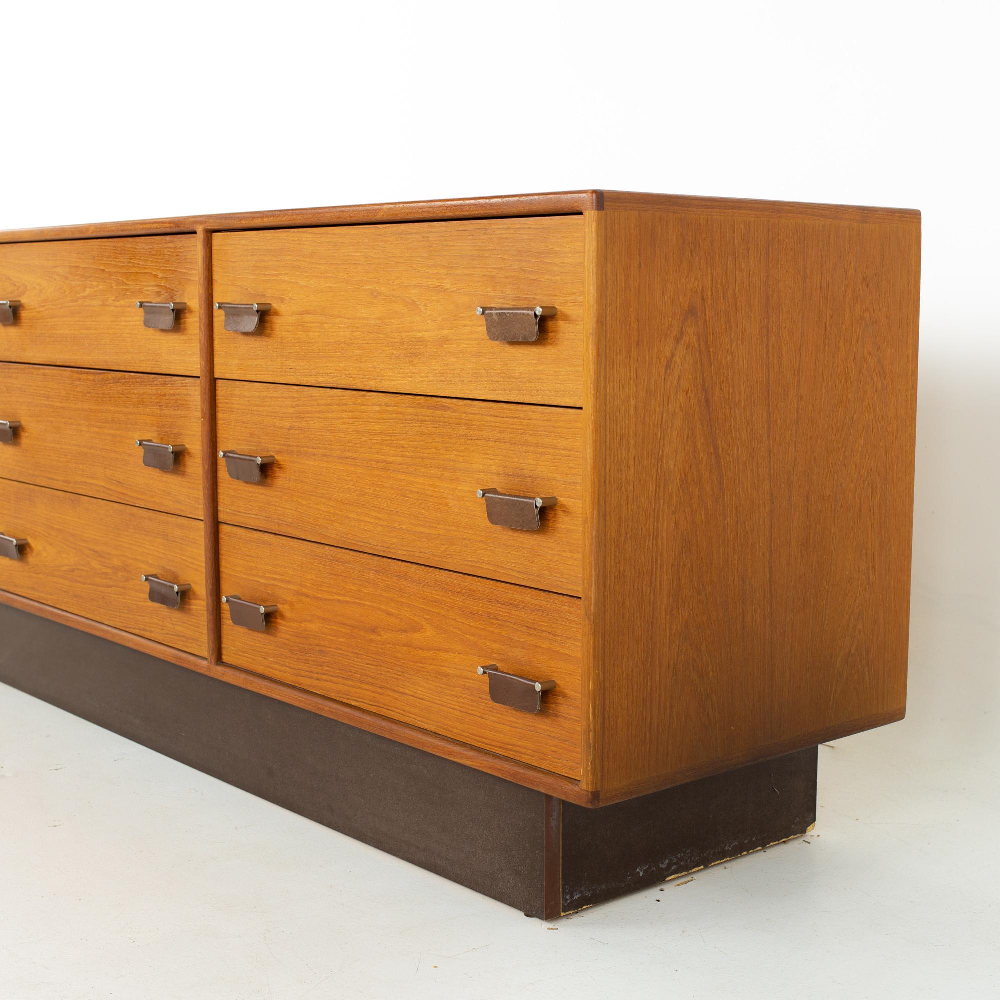 Late 20th Century Mid Century Danish Teak, Chrome, and Leather 9 Drawer Lowboy Dresser