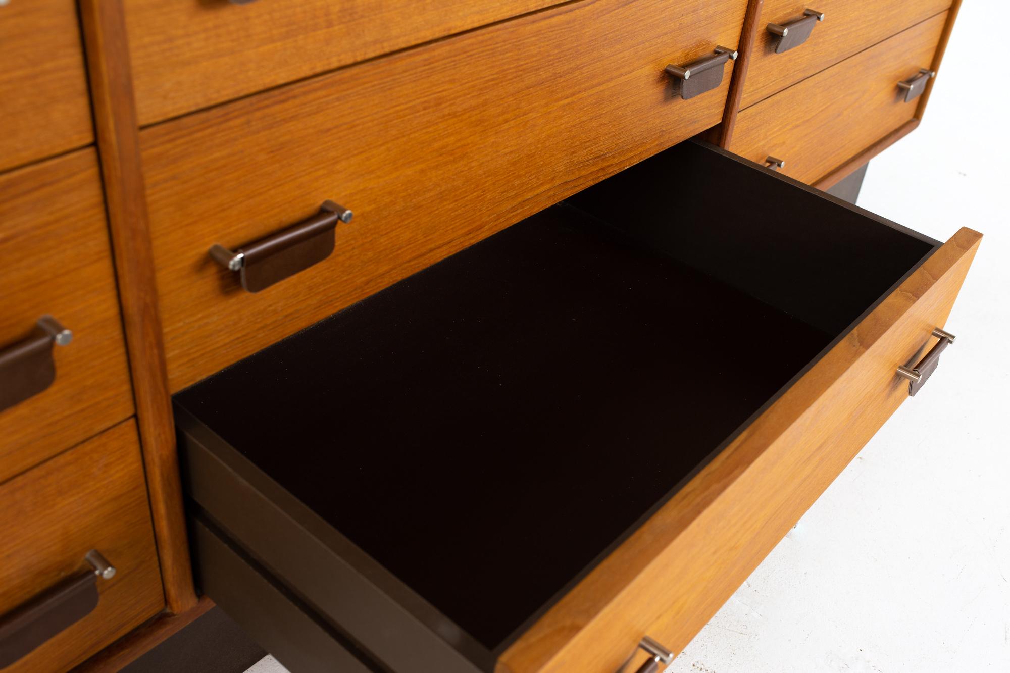 Mid Century Danish Teak, Chrome, and Leather 9 Drawer Lowboy Dresser 1