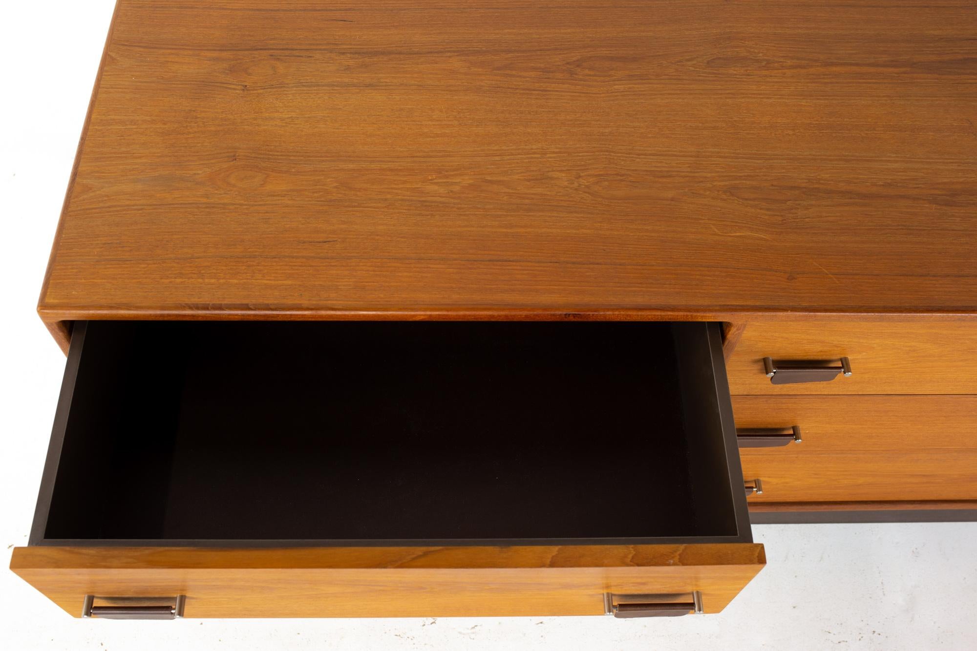 Mid Century Danish Teak, Chrome, and Leather 9 Drawer Lowboy Dresser 2