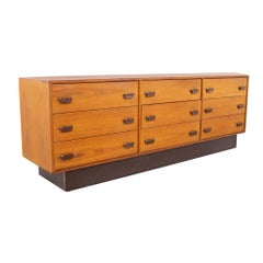 Mid Century Danish Teak, Chrome, and Leather 9 Drawer Lowboy Dresser