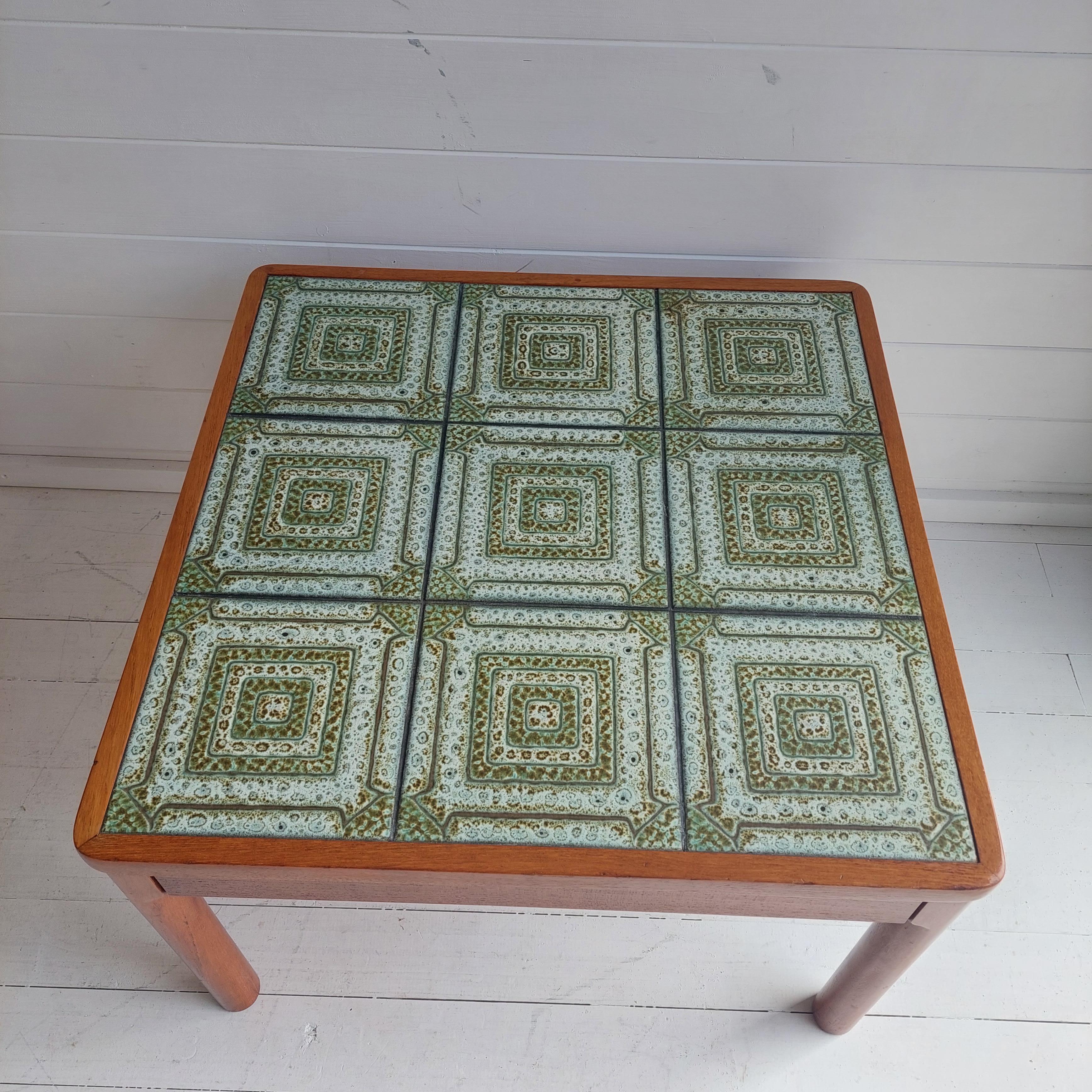 Mid-Century Danish Teak Coffee Table by Trioh 1960s Green Tiled Top Square Shape 2