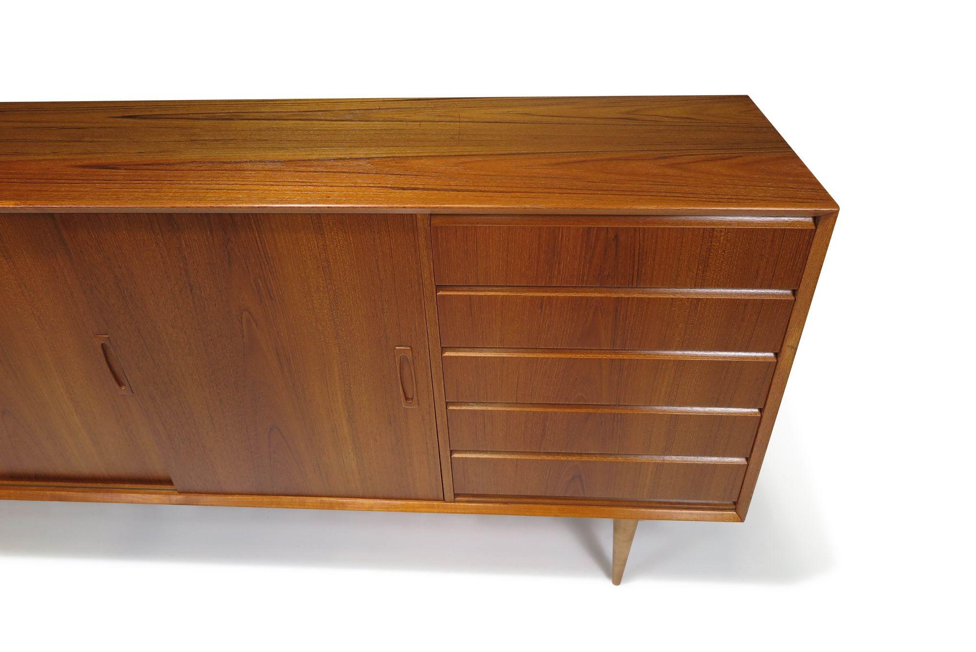 Oiled Mid Century Danish Teak Credenza with Sliding Doors & Drawers For Sale