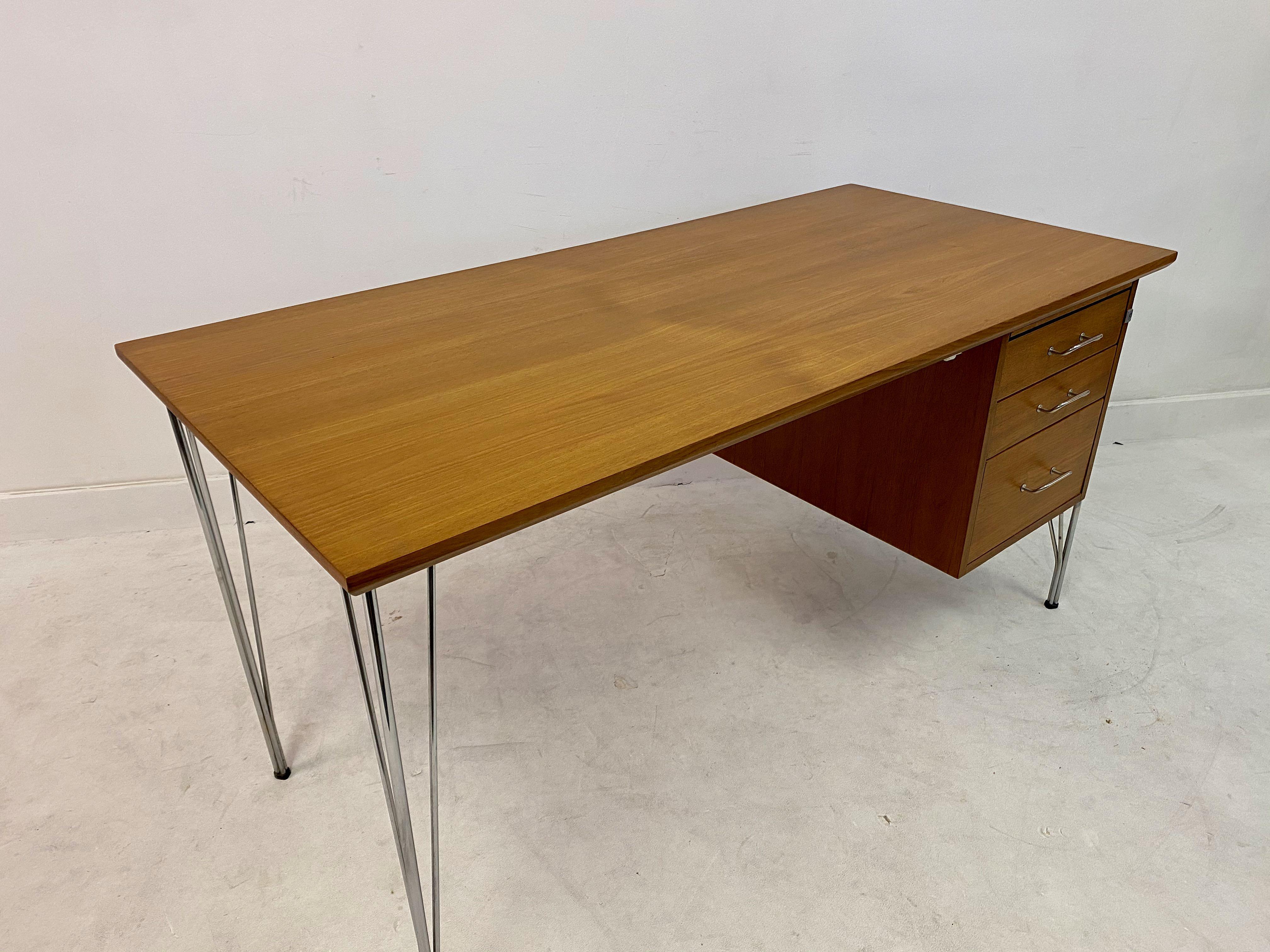 20th Century Midcentury Danish Teak Desk on Chrome Hairpin Legs