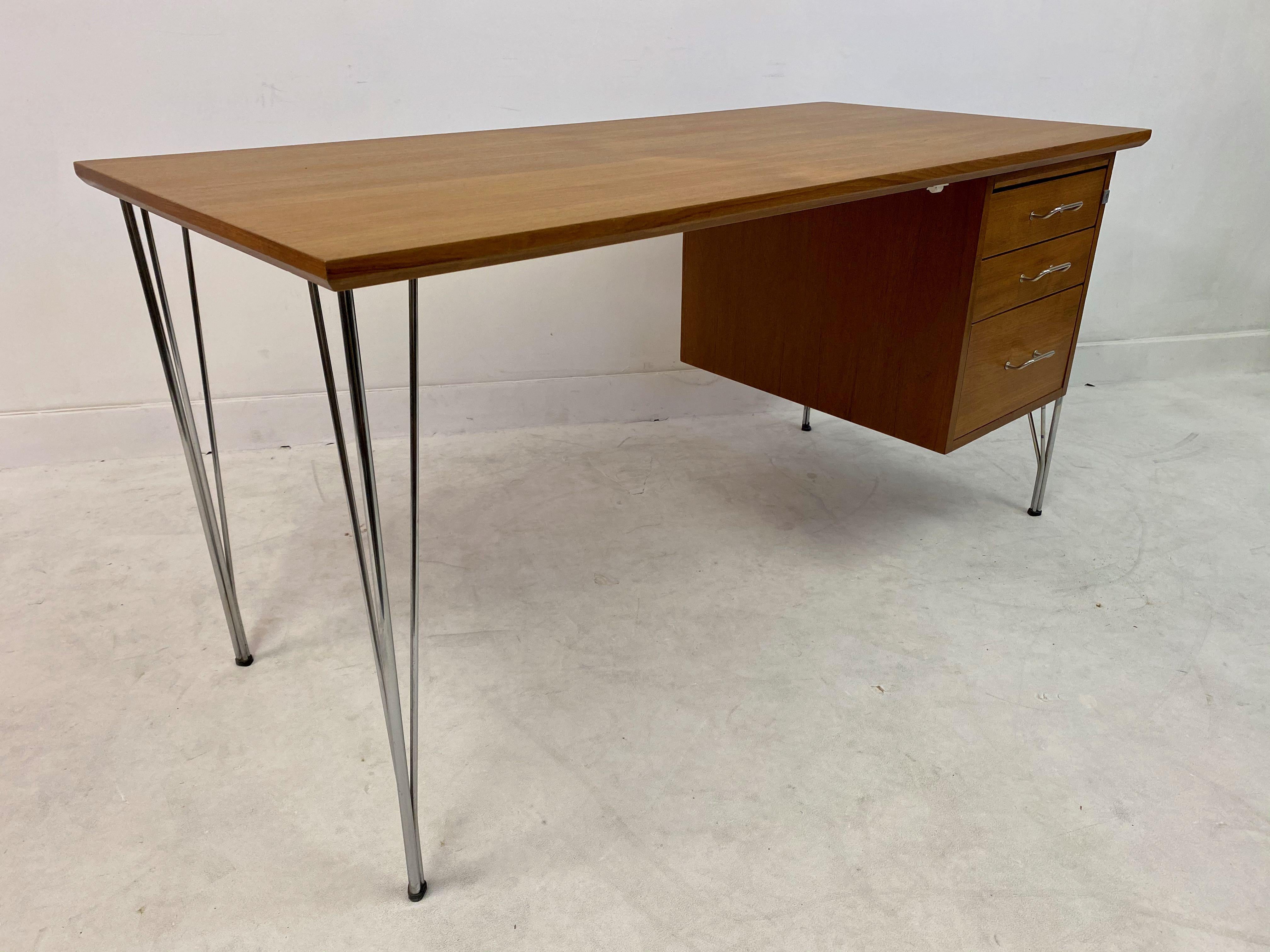 Midcentury Danish Teak Desk on Chrome Hairpin Legs 1