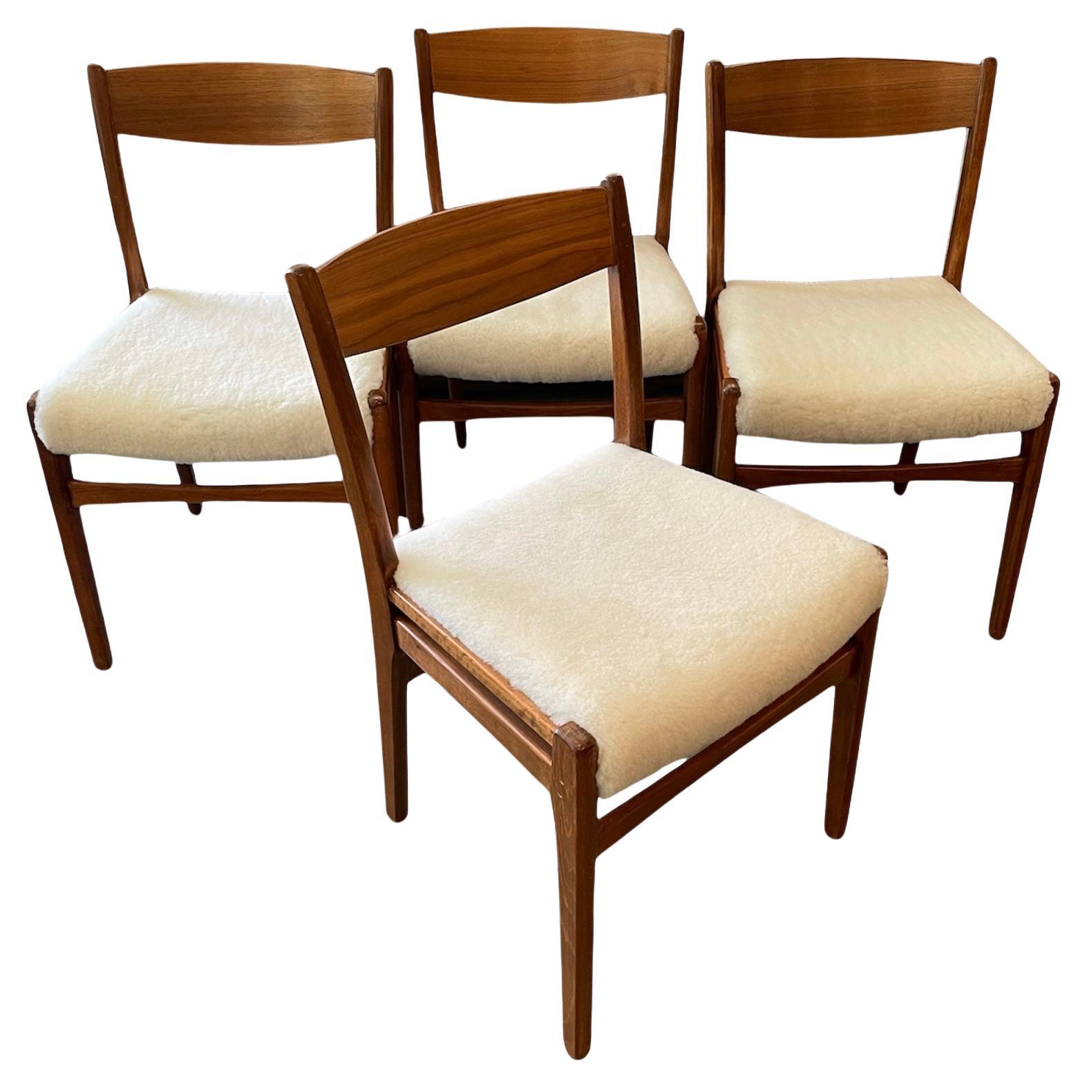 Mid-Century Danish Teak Dining Chairs, Newly Upholstered in Shearling  Set of 4