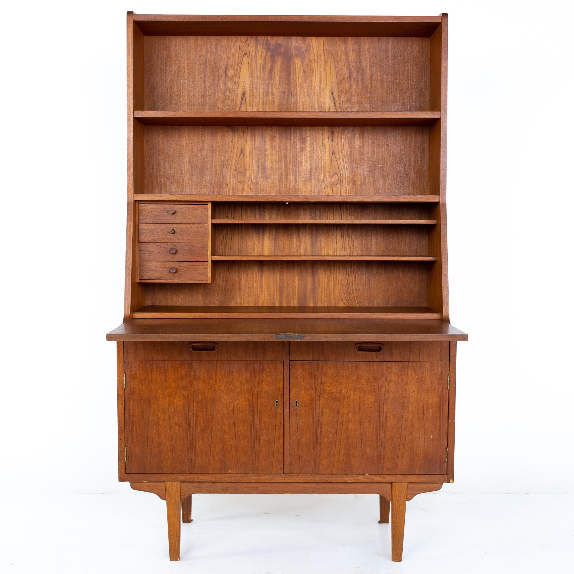 Mid Century Danish Teak Drop Front Secretary Desk Bar Bookcase 1