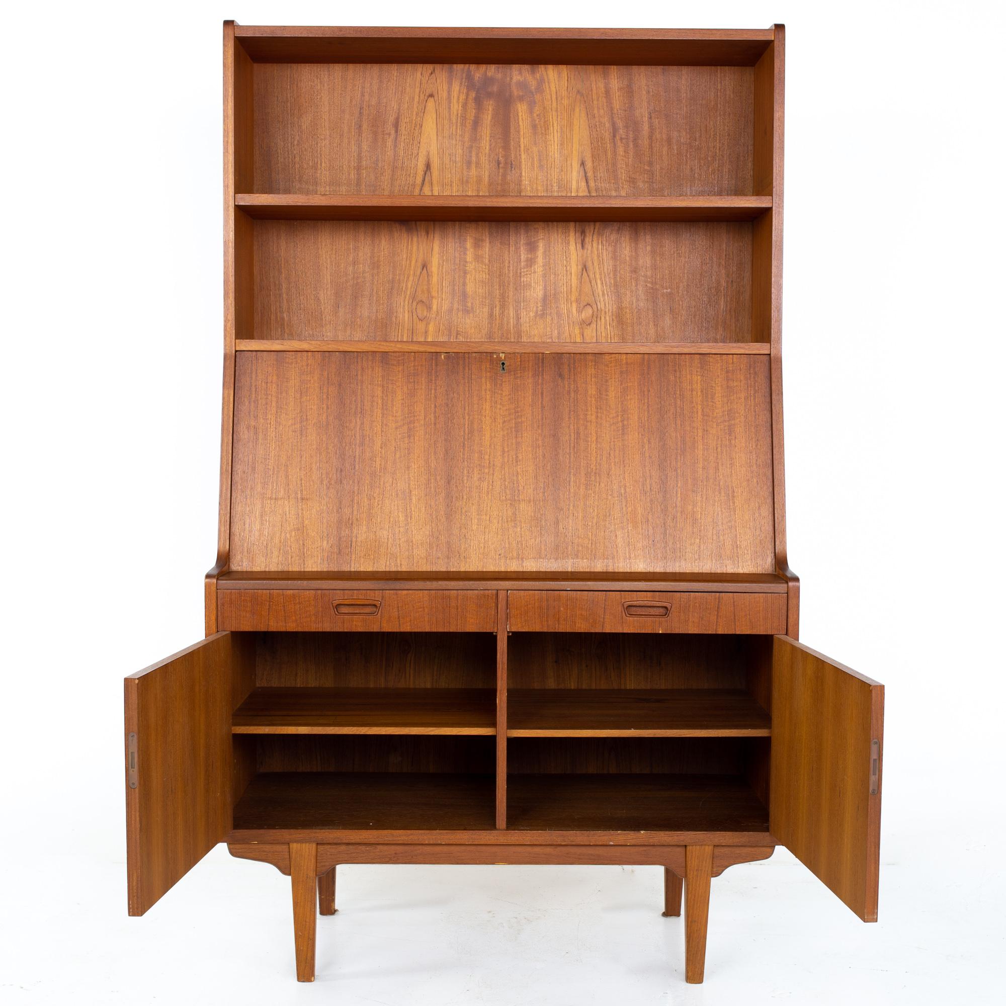 Mid Century Danish Teak Drop Front Secretary Desk Bar Bookcase 2