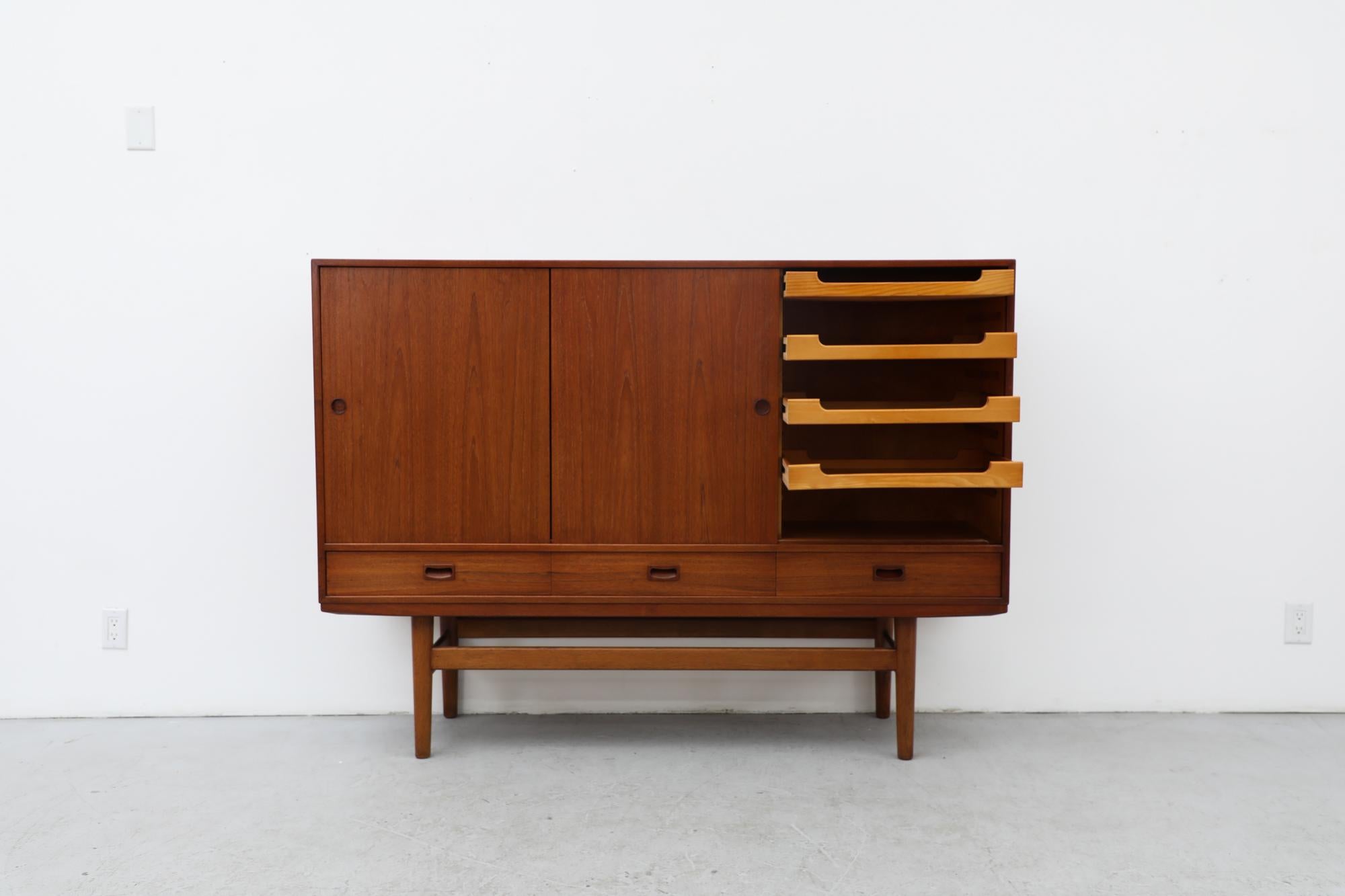 Mid-Century Danish Teak Highboard with Sliding Door Cabinets and Drawers In Good Condition In Los Angeles, CA