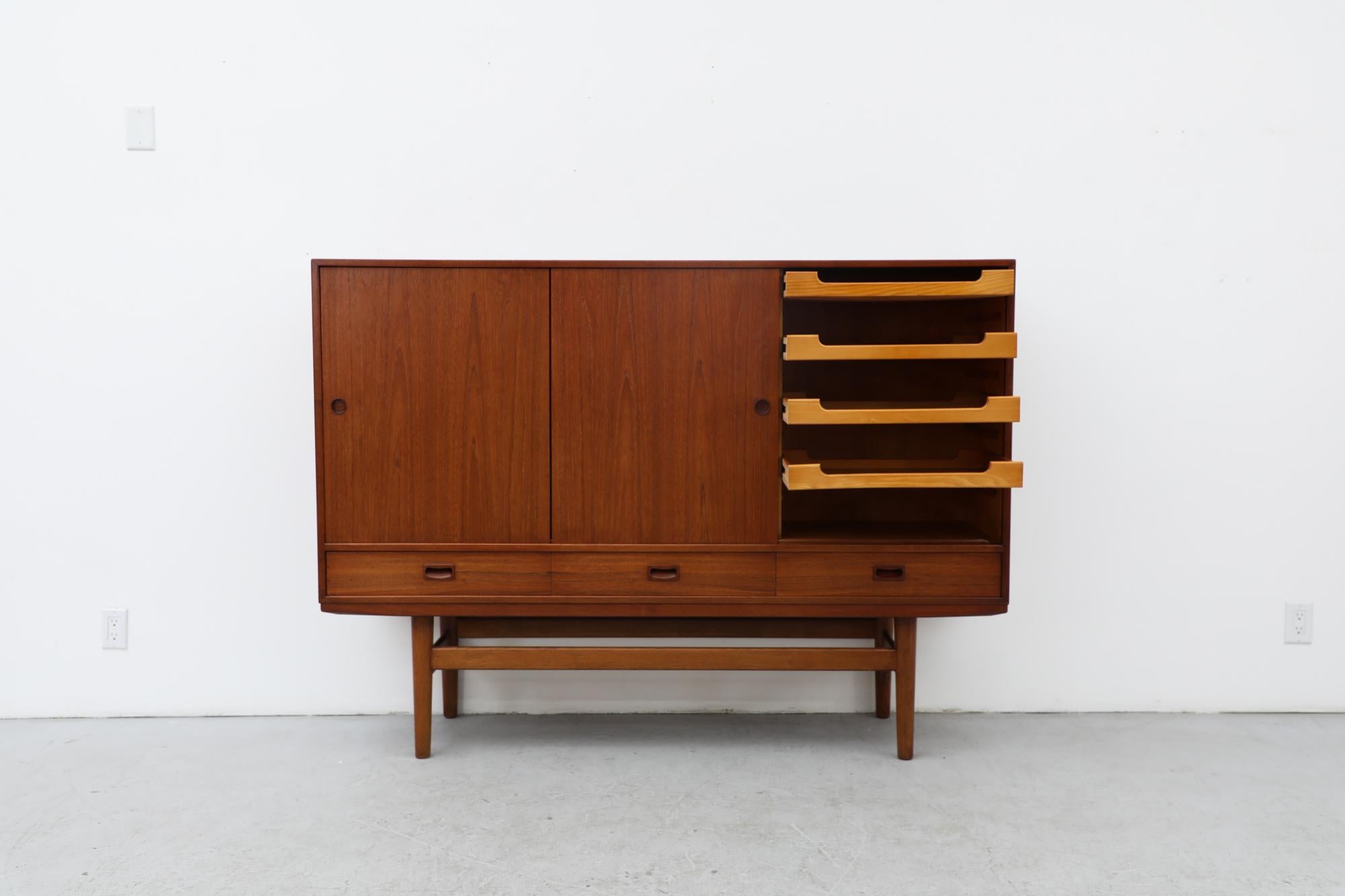 Mid-Century Danish Teak Highboard with Sliding Door Cabinets and Drawers In Good Condition For Sale In Los Angeles, CA