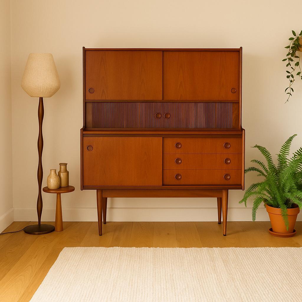Vintage Mid-Century Teak Getränkeschrank / Hochschrank / Sideboard von Johannes Andersen

Dieses exquisite dänische Teakholz-Highboard ist ein seltenes und sehr begehrtes Design von Johannes Andersen, das in den 1960er Jahren von Wilhelm Schauman Oy
