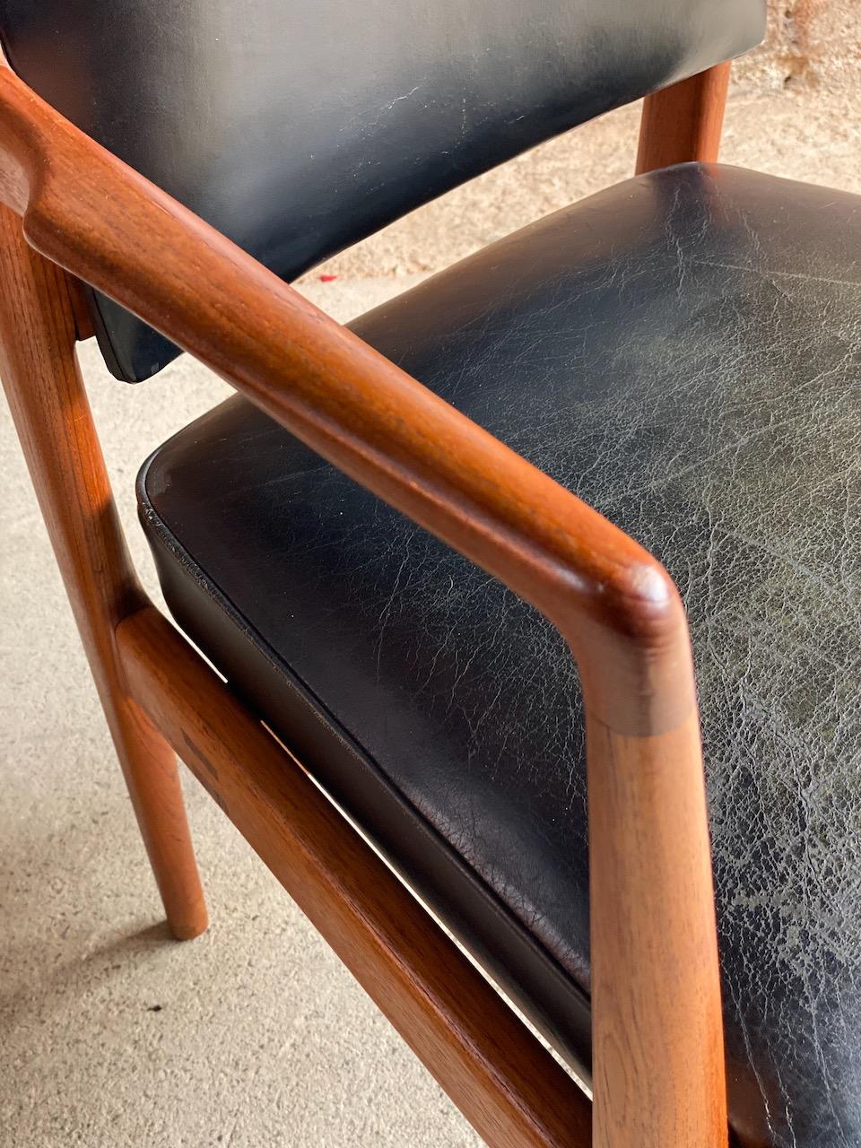 Midcentury Danish Teak and Leather Desk Chairs Armchairs, circa 1960s 4