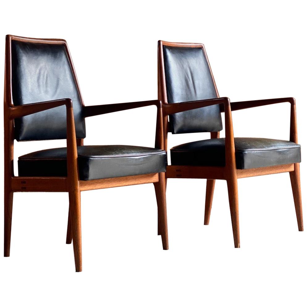 Midcentury Danish Teak and Leather Desk Chairs Armchairs, circa 1960s