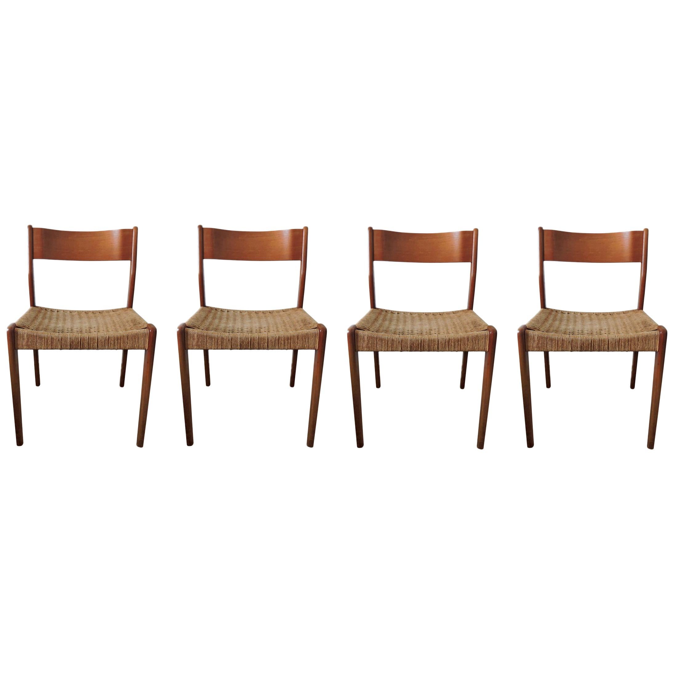 Midcentury Danish Teak and Paper Cord Dining Chairs, 1960s, Set of 4