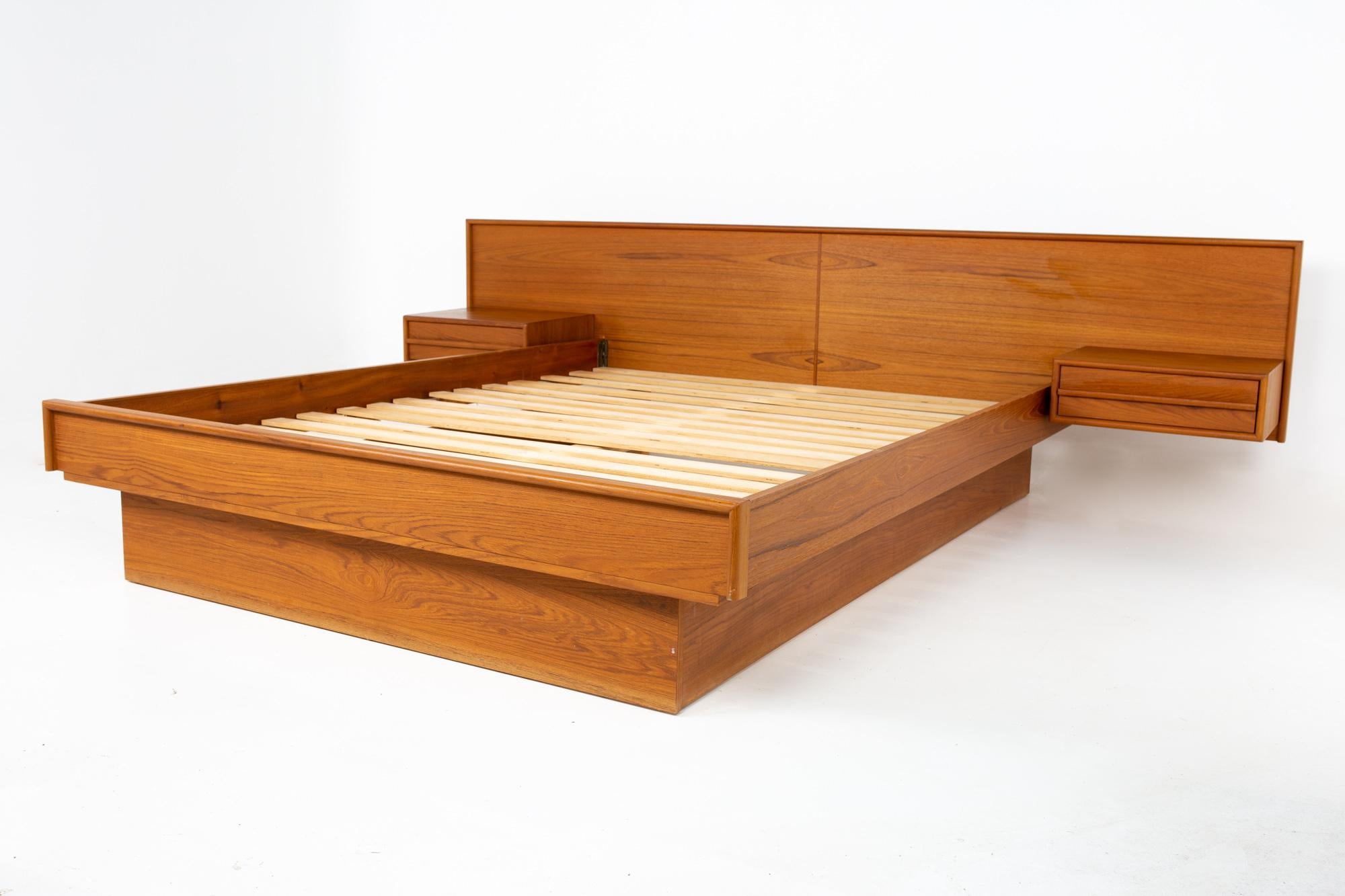 Mid century Danish teak queen floating nightstand platform bed
Platform bed measures: 104.75 wide x 82.75 deep x 29.25 inches high

All pieces of furniture can be had in what we call restored vintage condition. That means the piece is restored