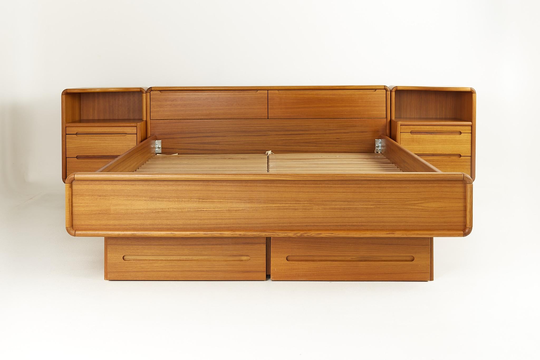 Mid century Danish teak queen platform storage bed with nightstands

The headboard measures: 65.5 wide x 90 deep x 30 inches high, each night Stand measures 20.5 inches wide, making a combined width of 106.5 inches

All pieces of furniture can