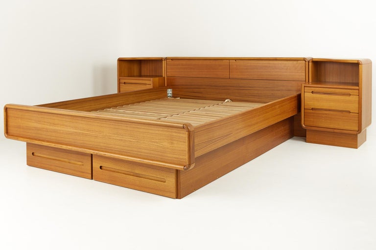 Mid Century Danish Teak Queen Platform Storage Bed with Nightstands at