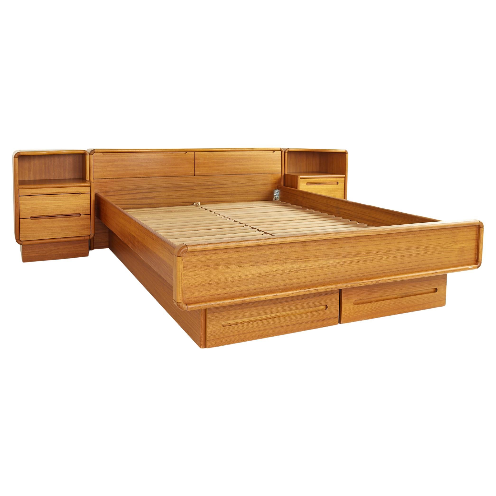 Mid Century Danish Teak Queen Platform Storage Bed with Nightstands