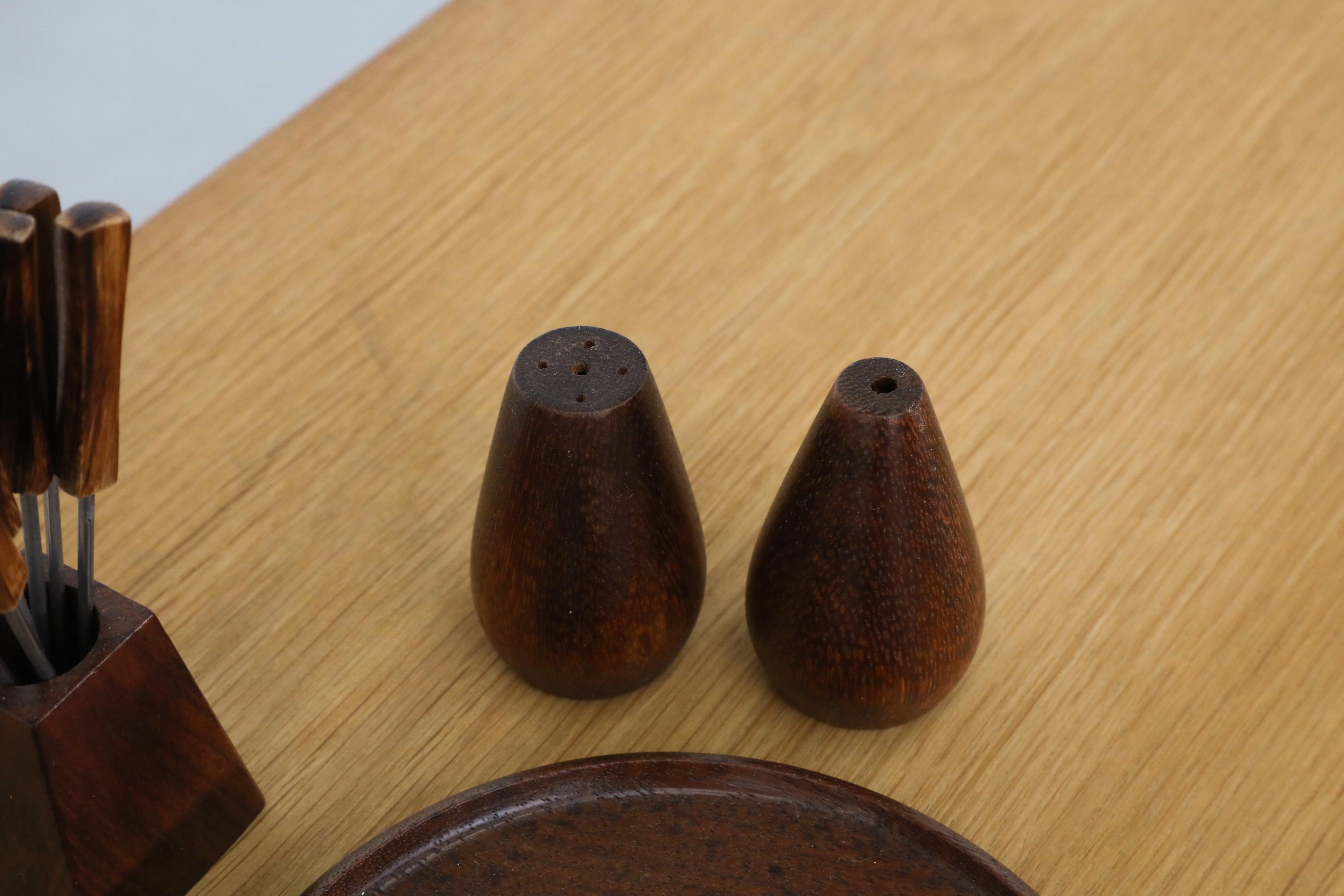 Mid-Century Danish Teak Salt & Pepper Breakfast Set w/ Jelly Pot & Fondue Forks 5