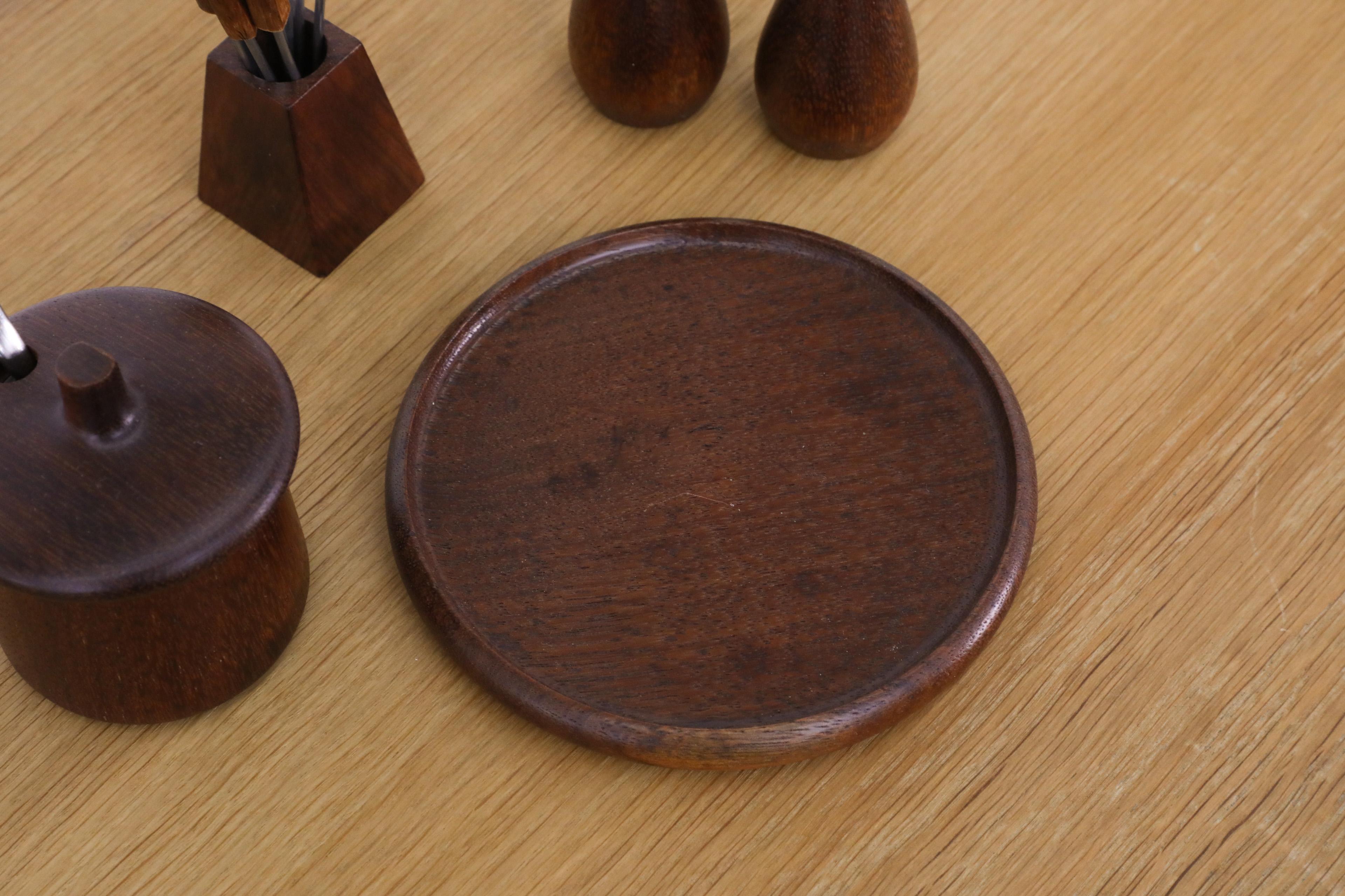 Mid-Century Danish Teak Salt & Pepper Breakfast Set w/ Jelly Pot & Fondue Forks 6