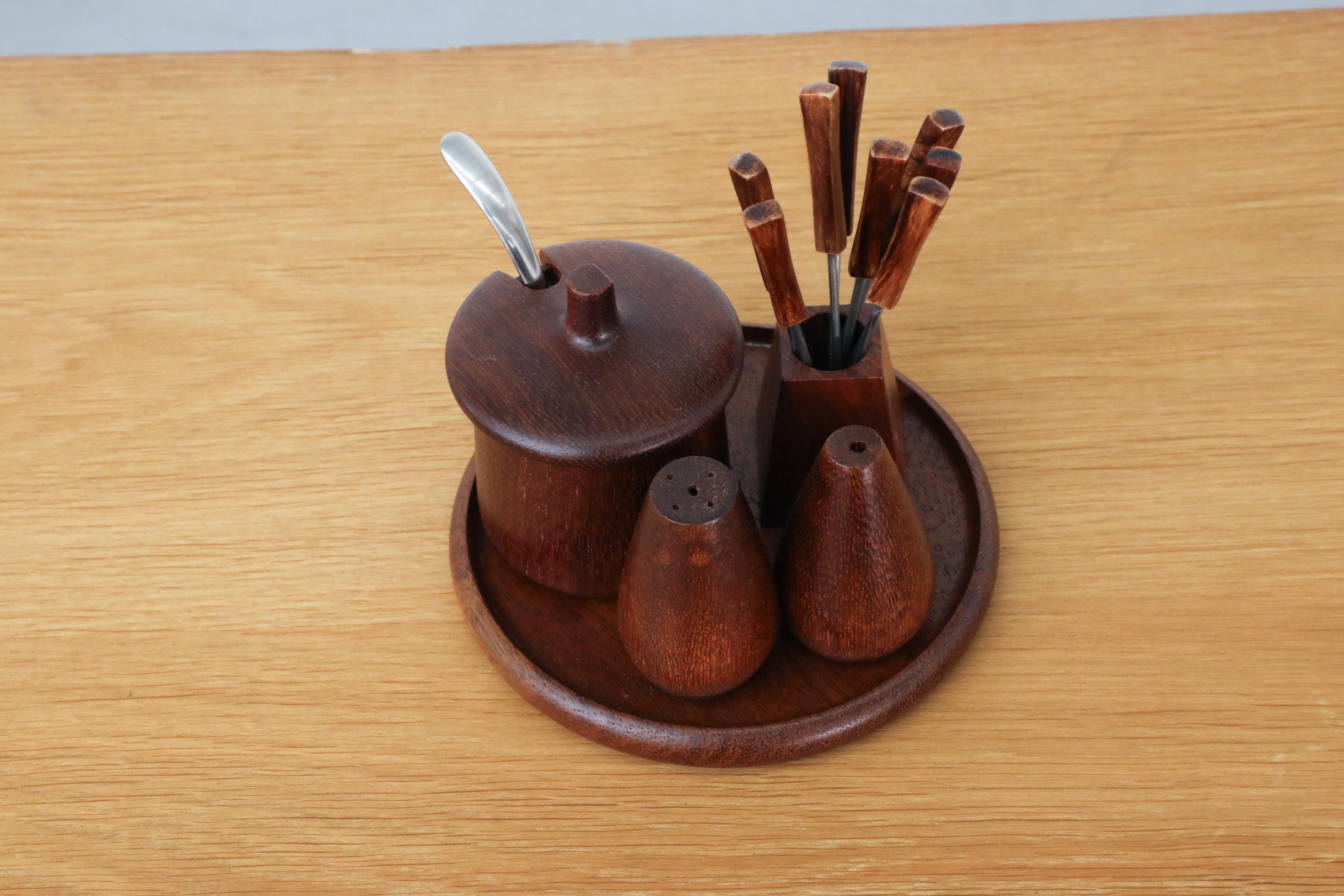 Mid-Century Danish Teak Salt & Pepper Breakfast Set w/ Jelly Pot & Fondue Forks 7