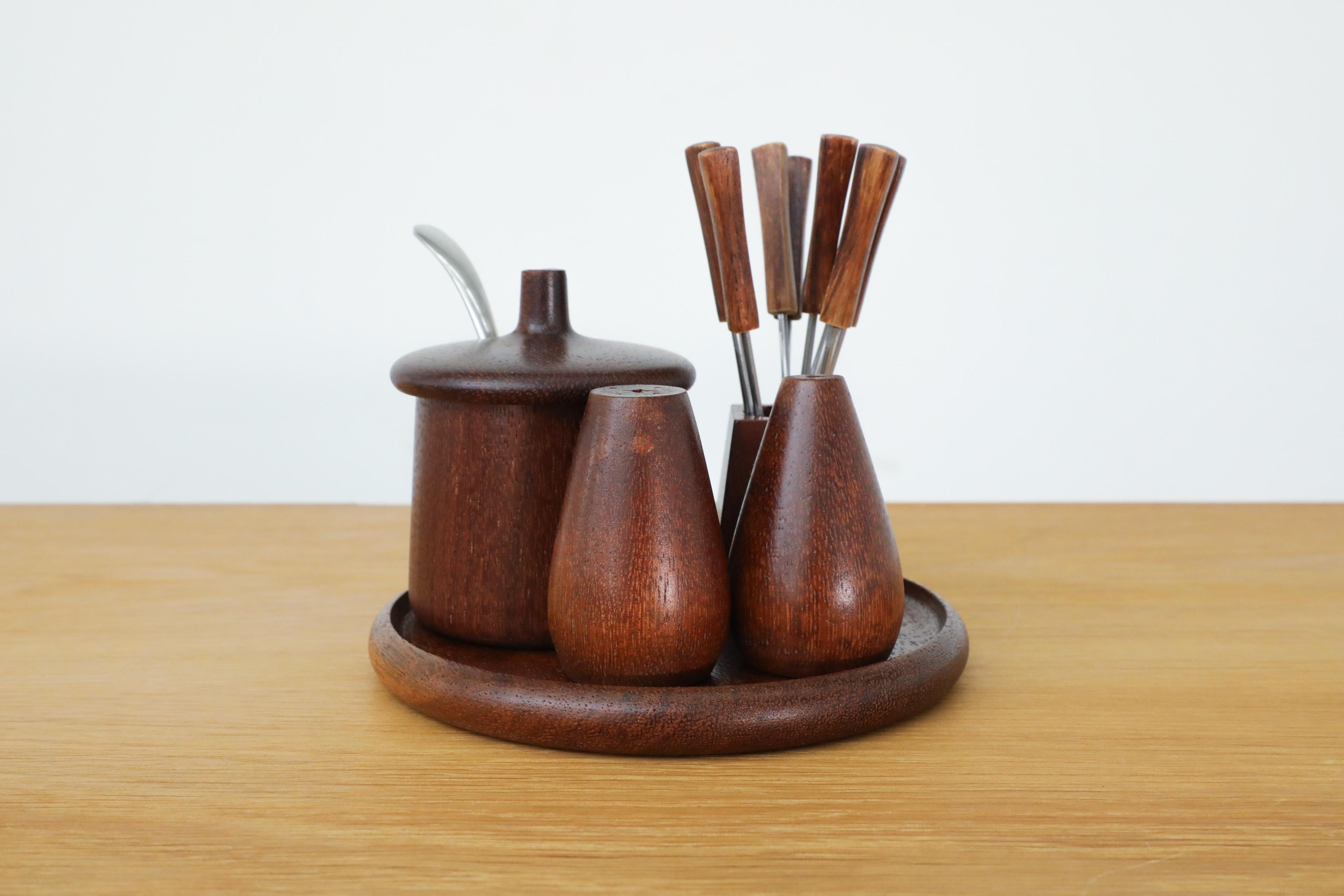 Mid-Century Danish Teak Salt & Pepper Breakfast Set w/ Jelly Pot & Fondue Forks 8