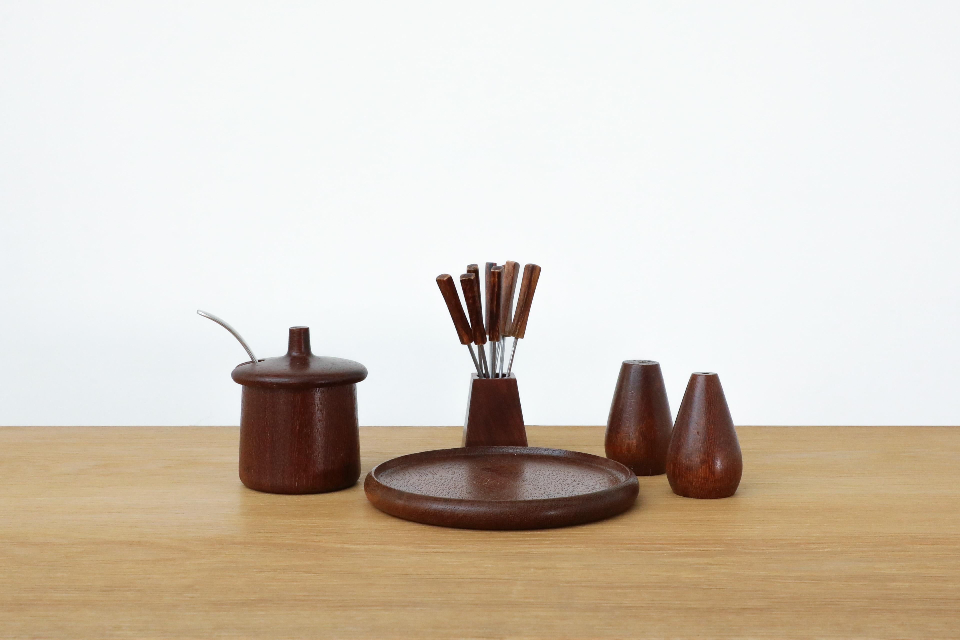 Mid-Century Modern Mid-Century Danish Teak Salt & Pepper Breakfast Set w/ Jelly Pot & Fondue Forks