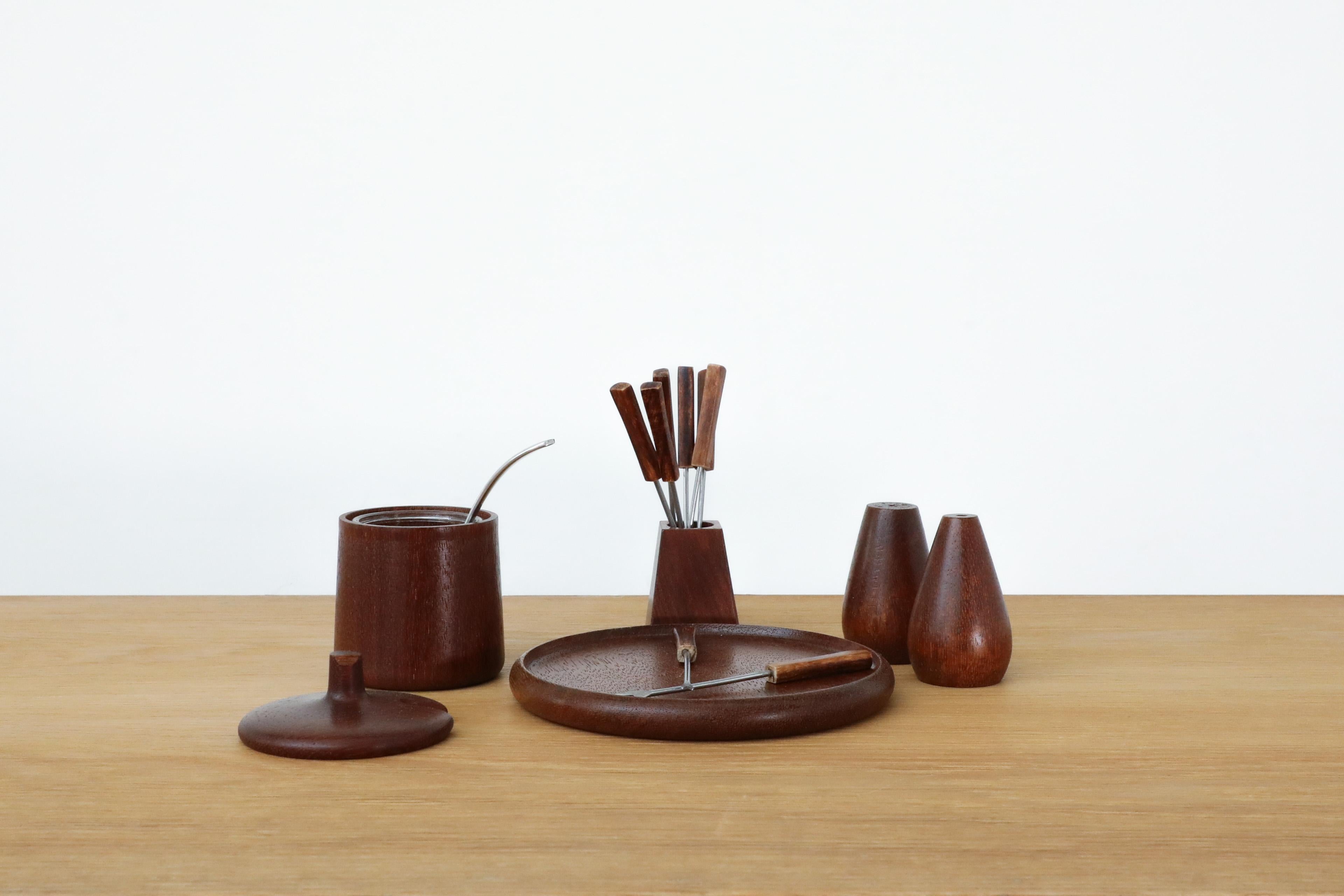 Mid-Century Danish Teak Salt & Pepper Breakfast Set w/ Jelly Pot & Fondue Forks In Good Condition In Los Angeles, CA