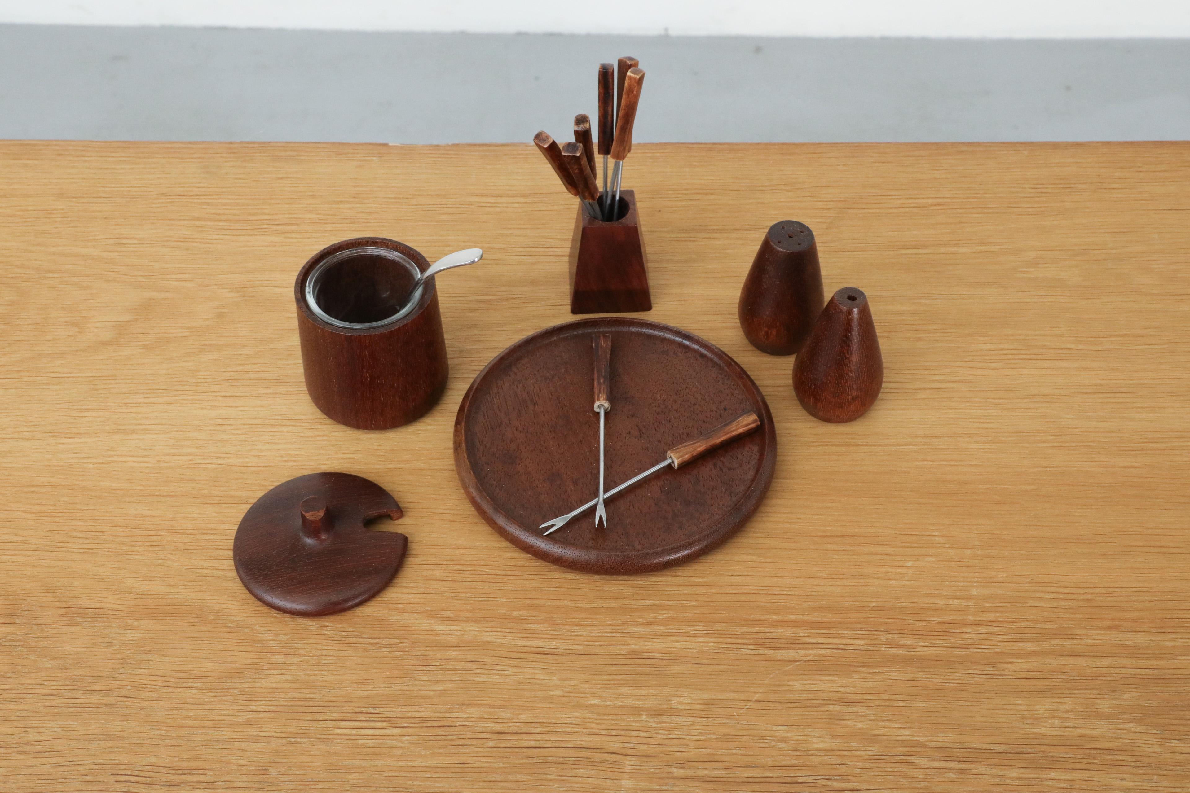 Mid-20th Century Mid-Century Danish Teak Salt & Pepper Breakfast Set w/ Jelly Pot & Fondue Forks