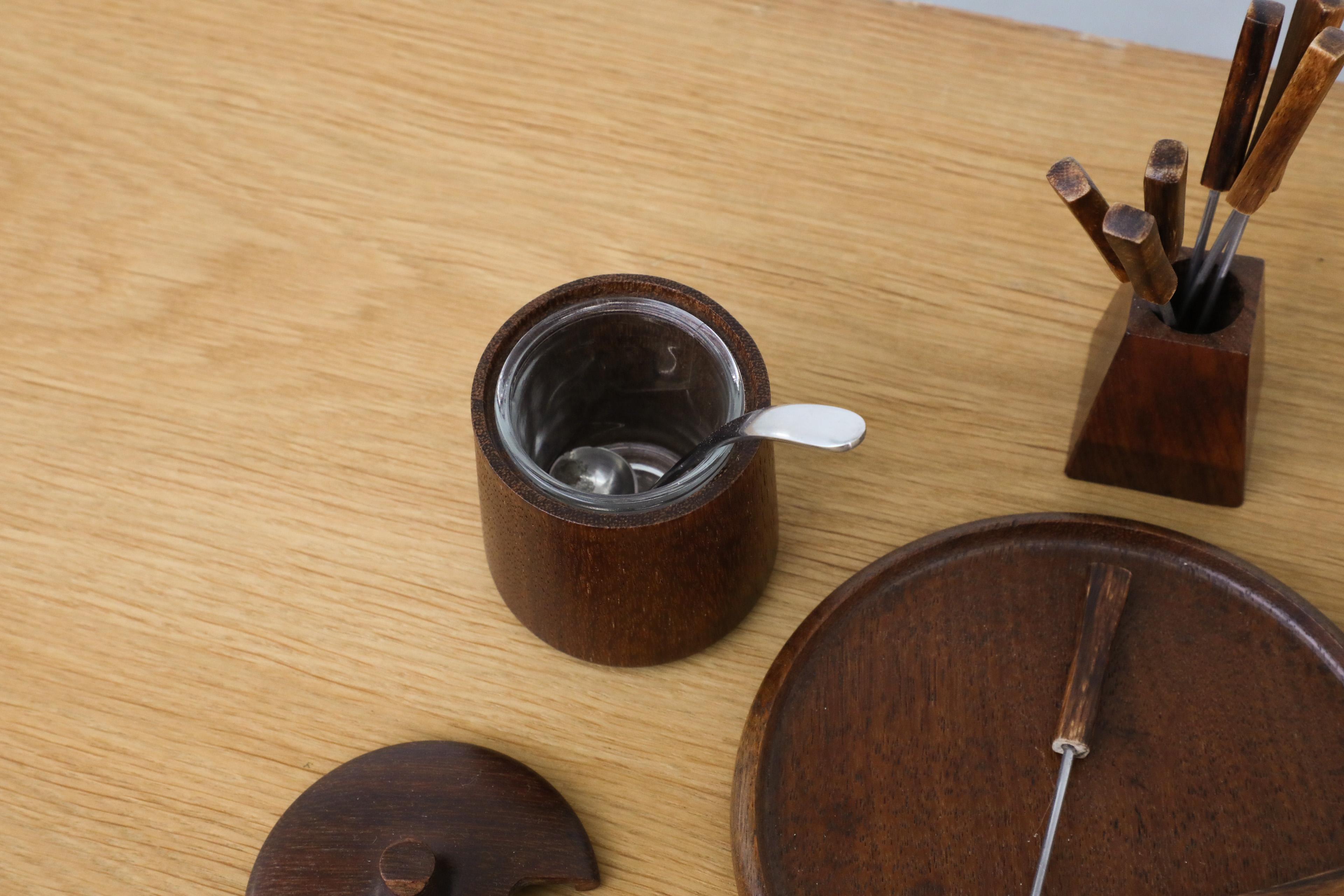 Glass Mid-Century Danish Teak Salt & Pepper Breakfast Set w/ Jelly Pot & Fondue Forks