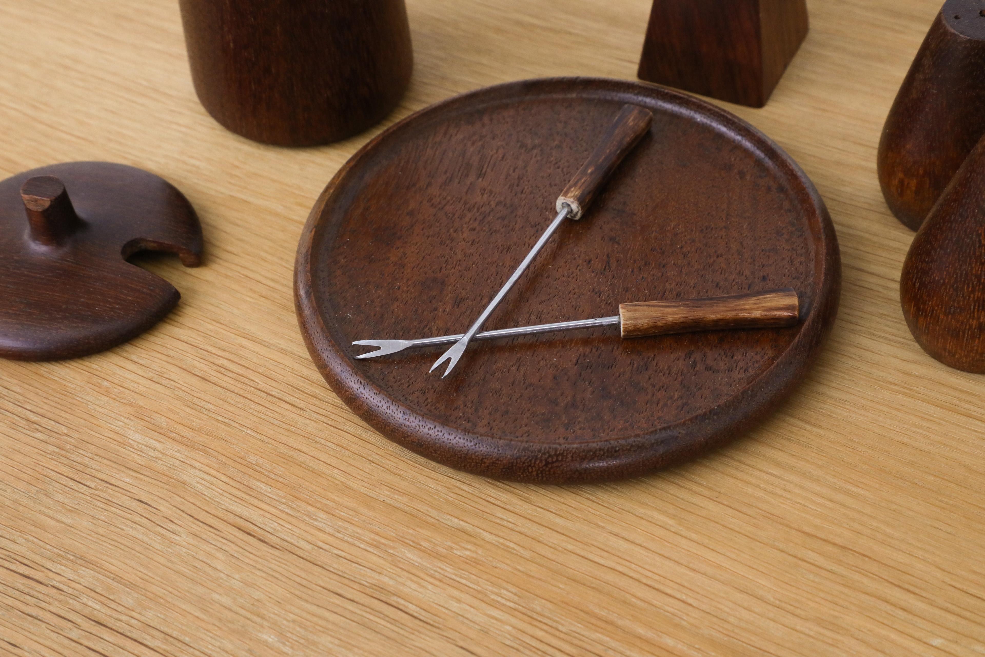 Mid-Century Danish Teak Salt & Pepper Breakfast Set w/ Jelly Pot & Fondue Forks 1