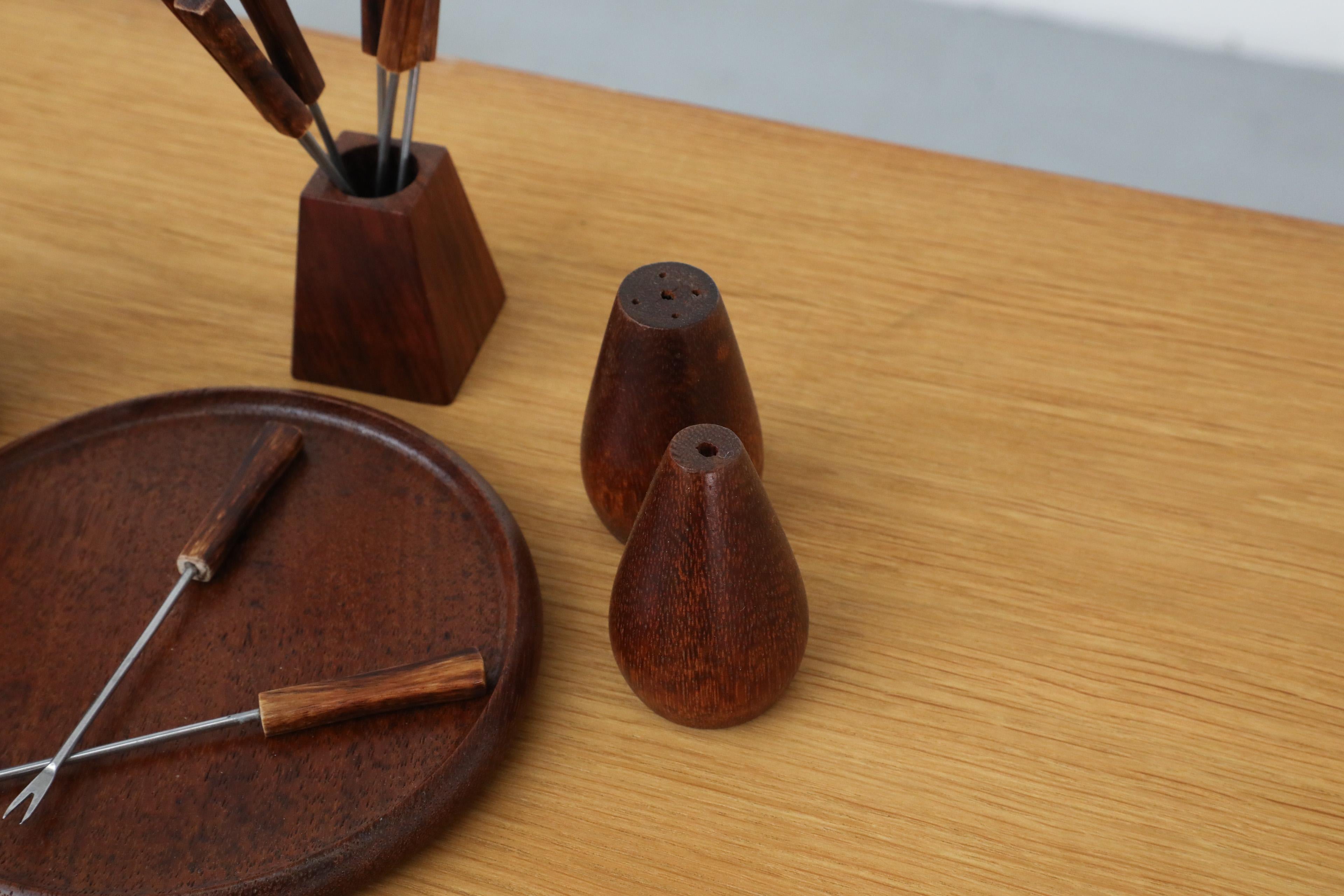 Mid-Century Danish Teak Salt & Pepper Breakfast Set w/ Jelly Pot & Fondue Forks 2