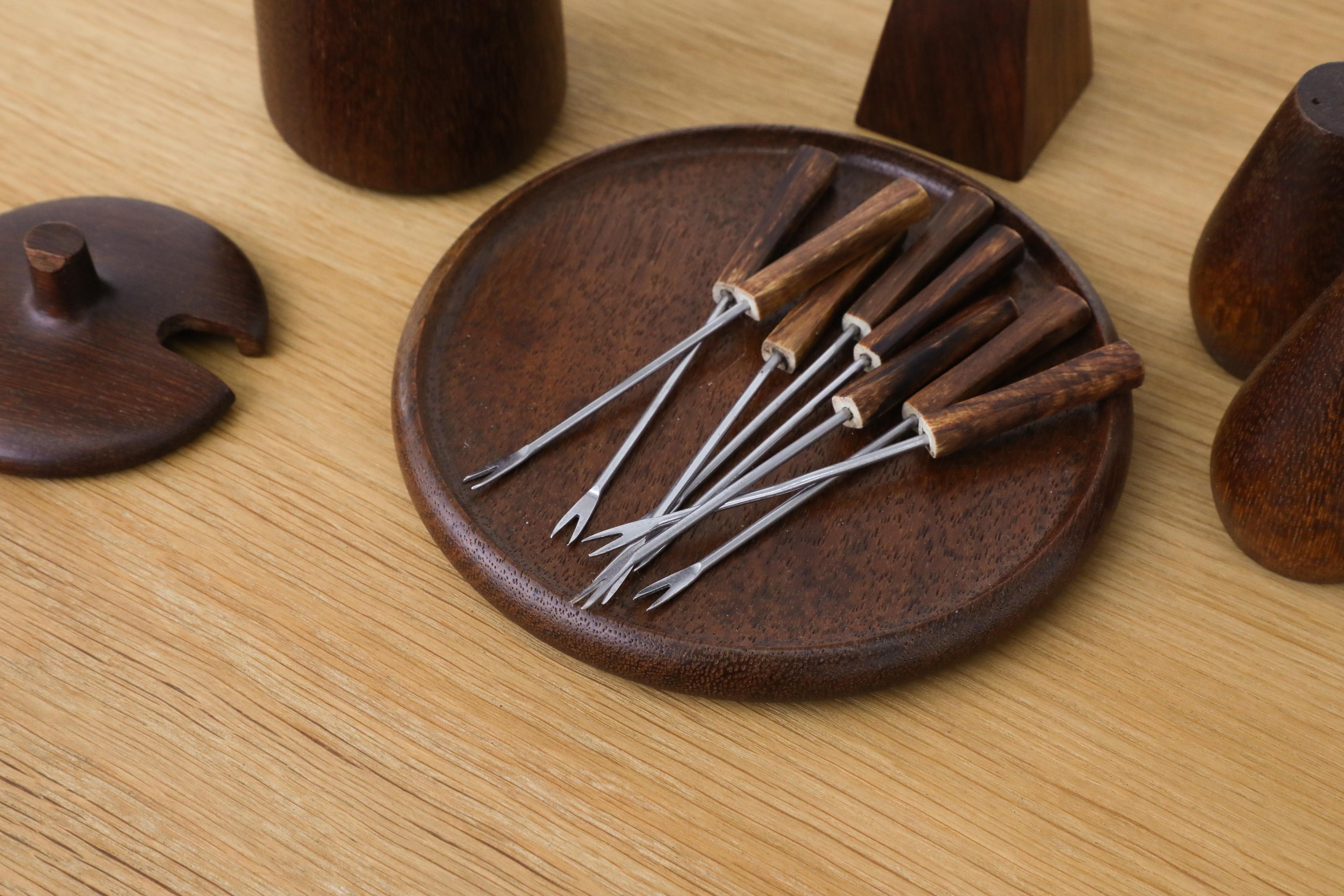 Mid-Century Danish Teak Salt & Pepper Breakfast Set w/ Jelly Pot & Fondue Forks 3
