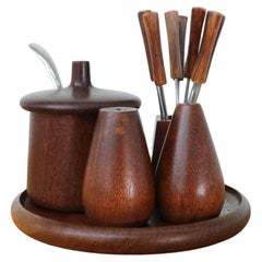 Mid-Century Danish Teak Salt & Pepper Breakfast Set w/ Jelly Pot & Fondue Forks