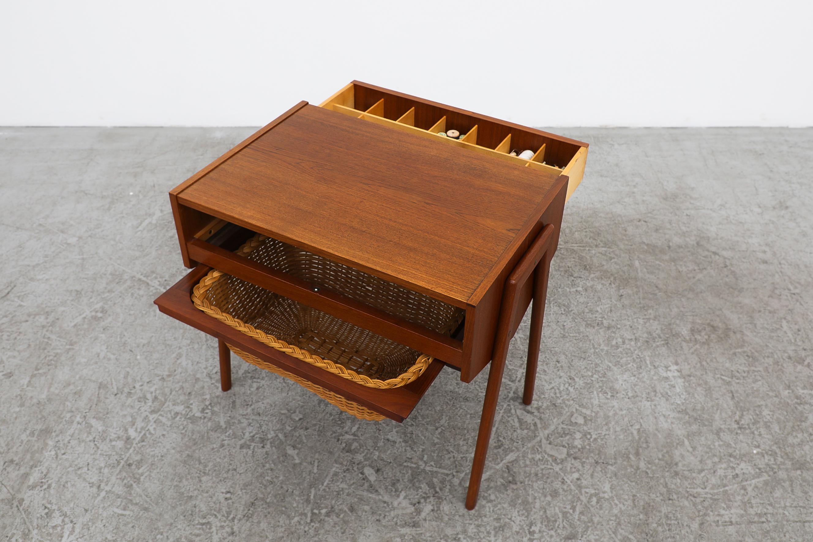 Mid-20th Century Mid-Century Danish Teak Sewing Box with Compartmented Drawer & Slide Out Basket For Sale