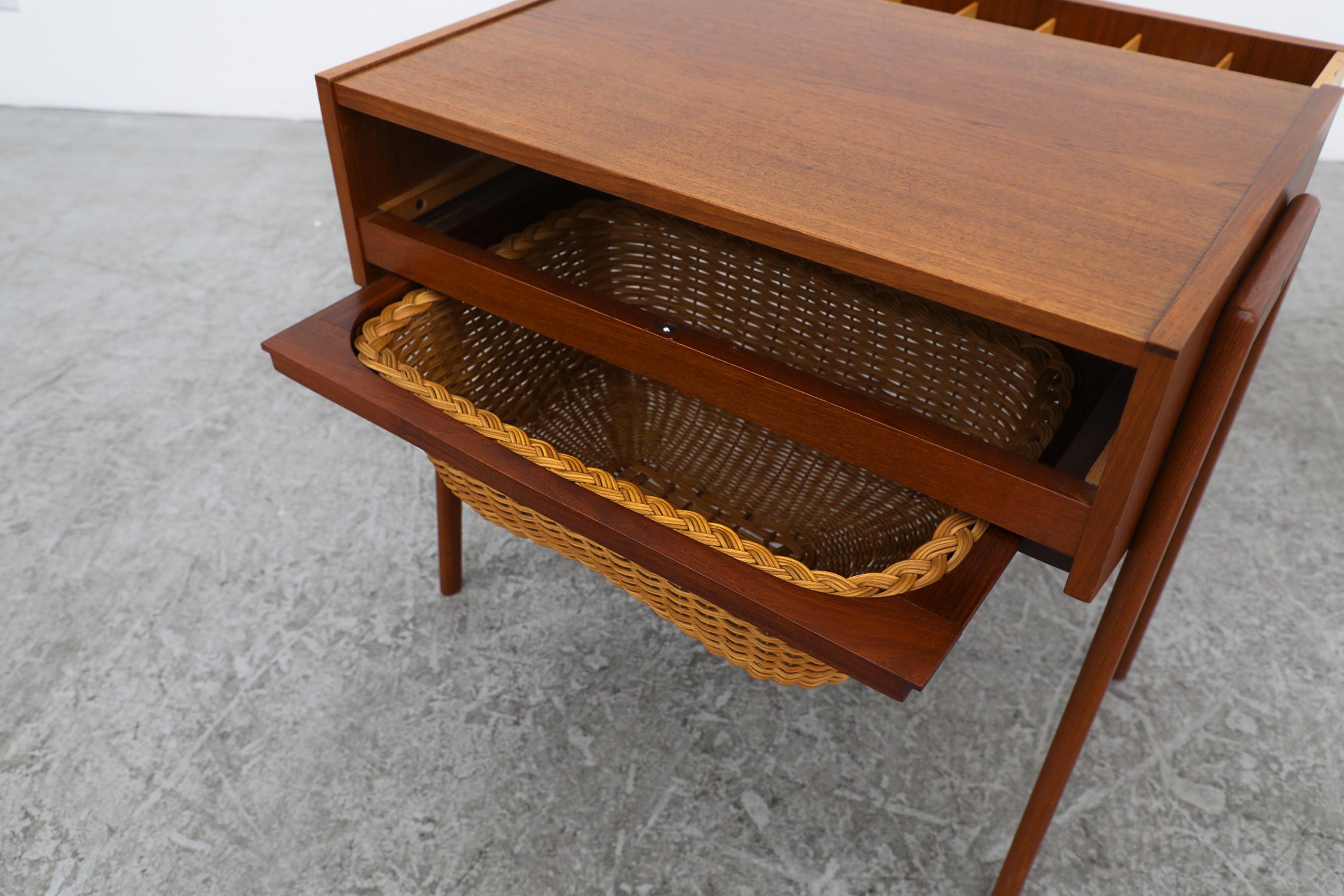 Rattan Mid-Century Danish Teak Sewing Box with Compartmented Drawer & Slide Out Basket For Sale