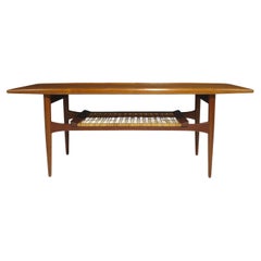 Vintage Mid-Century Danish Teak Two-Tier Coffee Table with Sculpted Edges & Caned Shelf