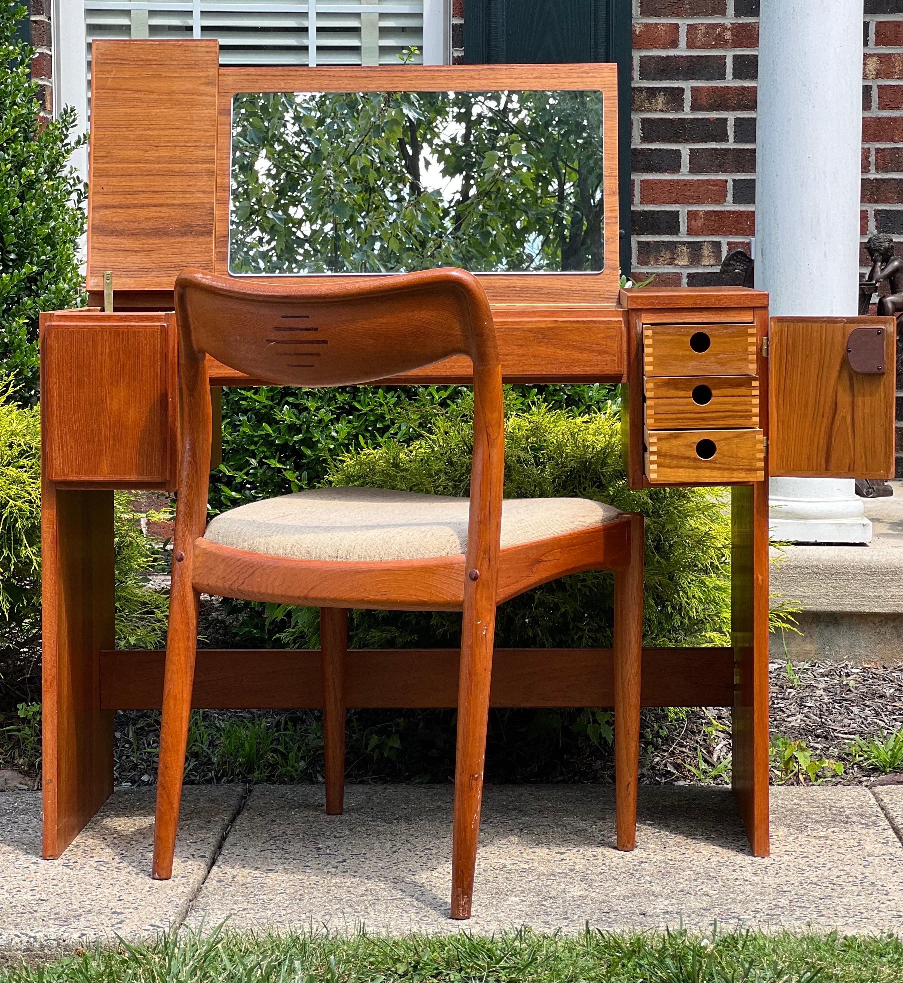 Brass Mid Century Danish Teak Vanity with Chair, Uldum Mobelfabrik