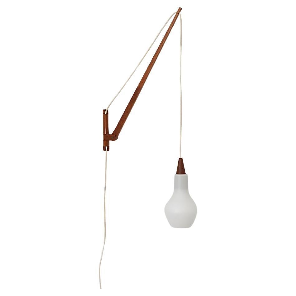 Mid-Century Danish Teak Wall Mount Fishing Pole Sconce with Milk Glass Pendant For Sale