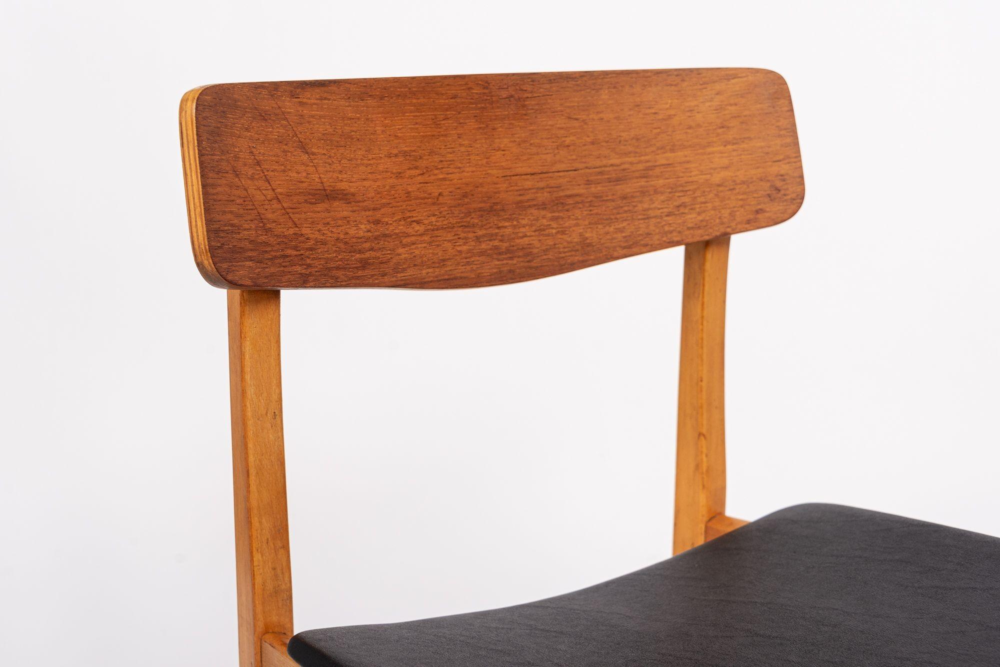 Mid Century Danish Teak Wood & Black Vinyl Dining Chairs For Sale 5